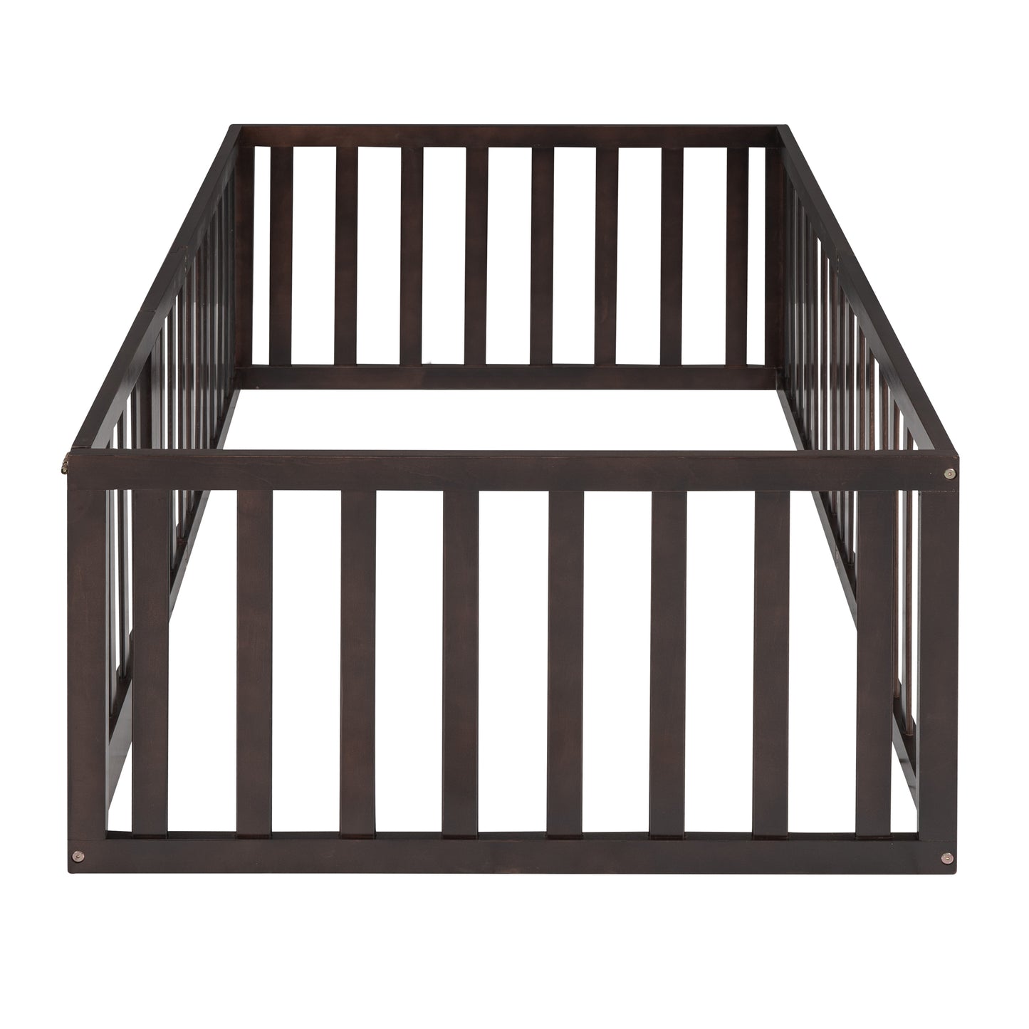 Dark brown wooden baby playpen with slatted sides