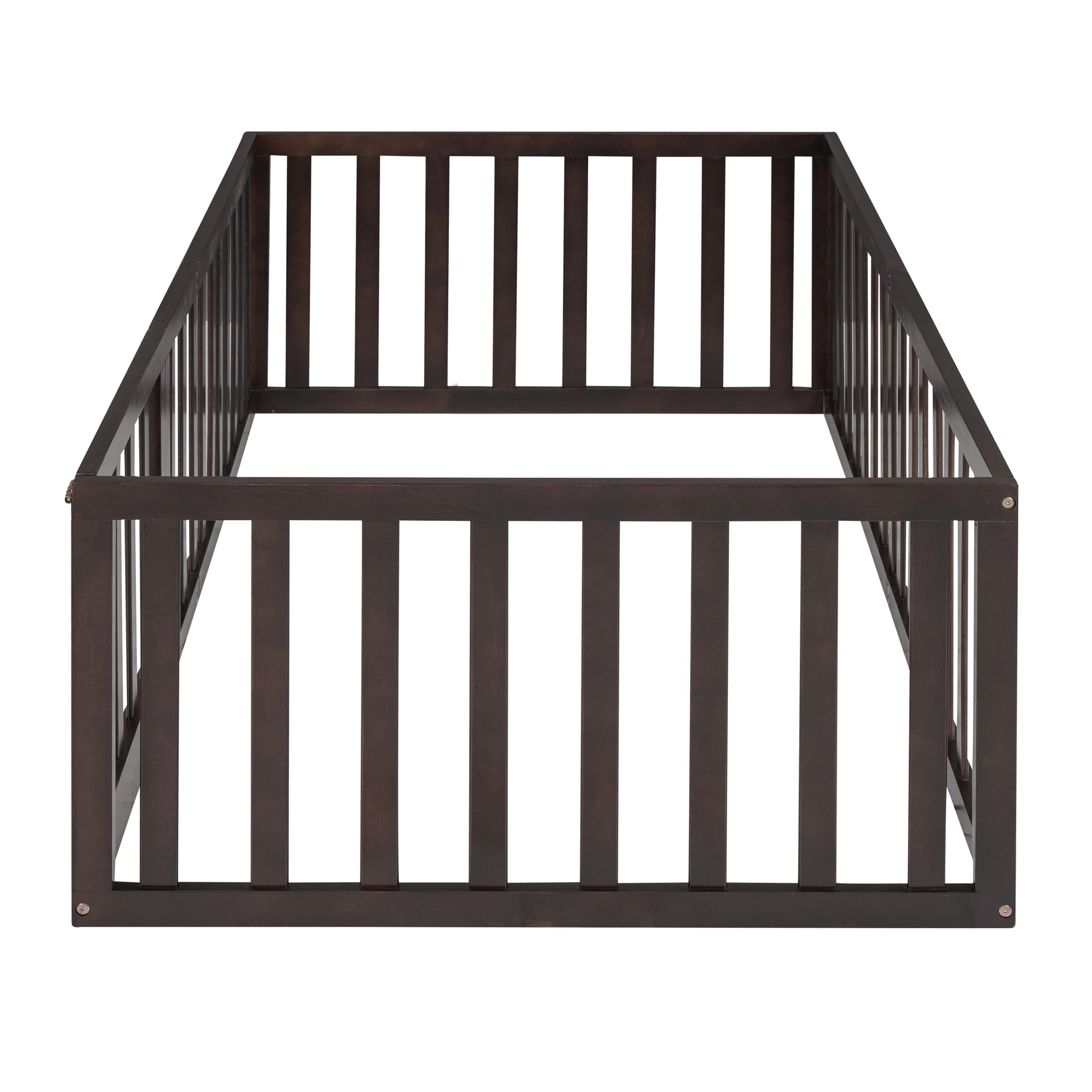 Dark brown wooden baby playpen with slatted sides