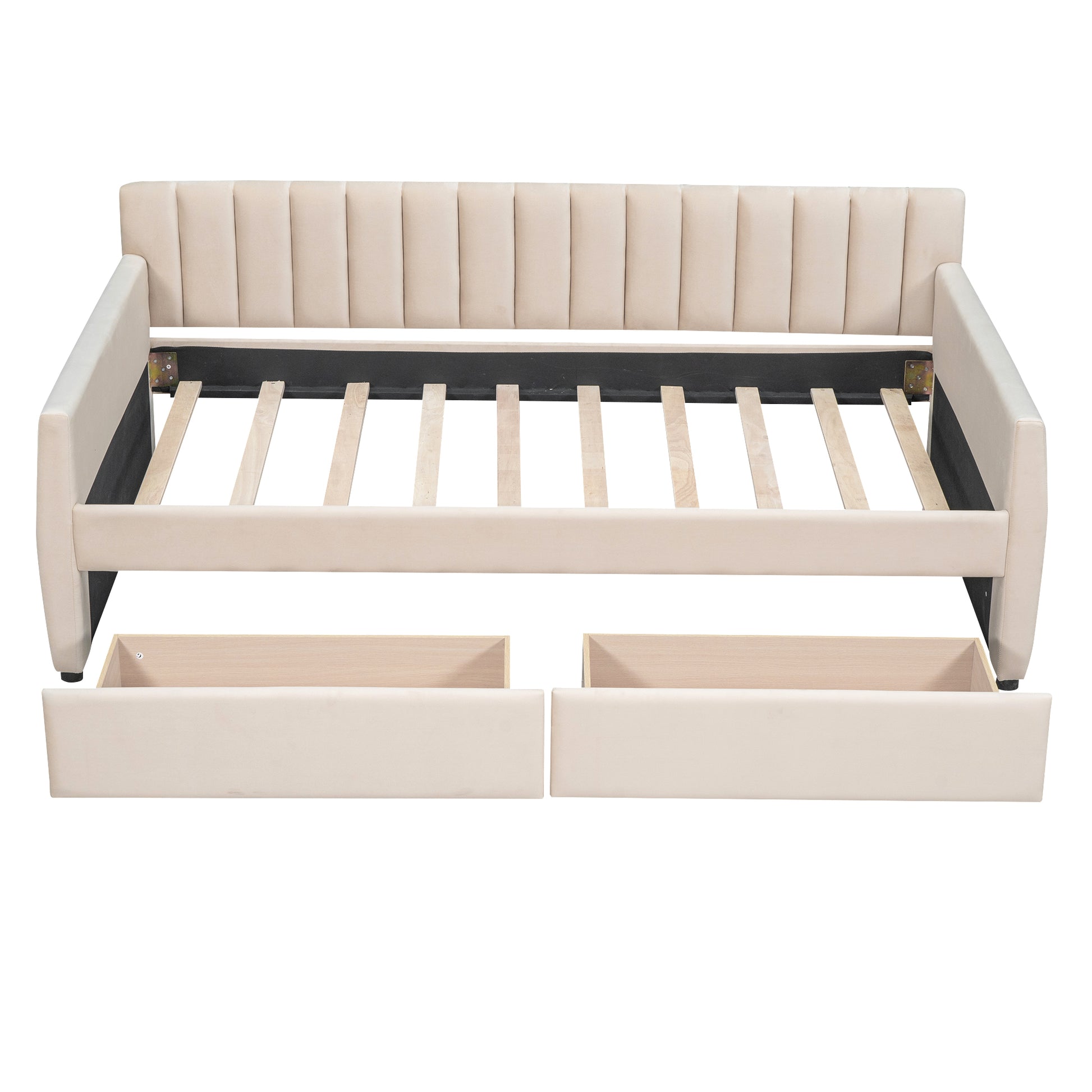 Cream upholstered daybed with channel tufting and two storage drawers