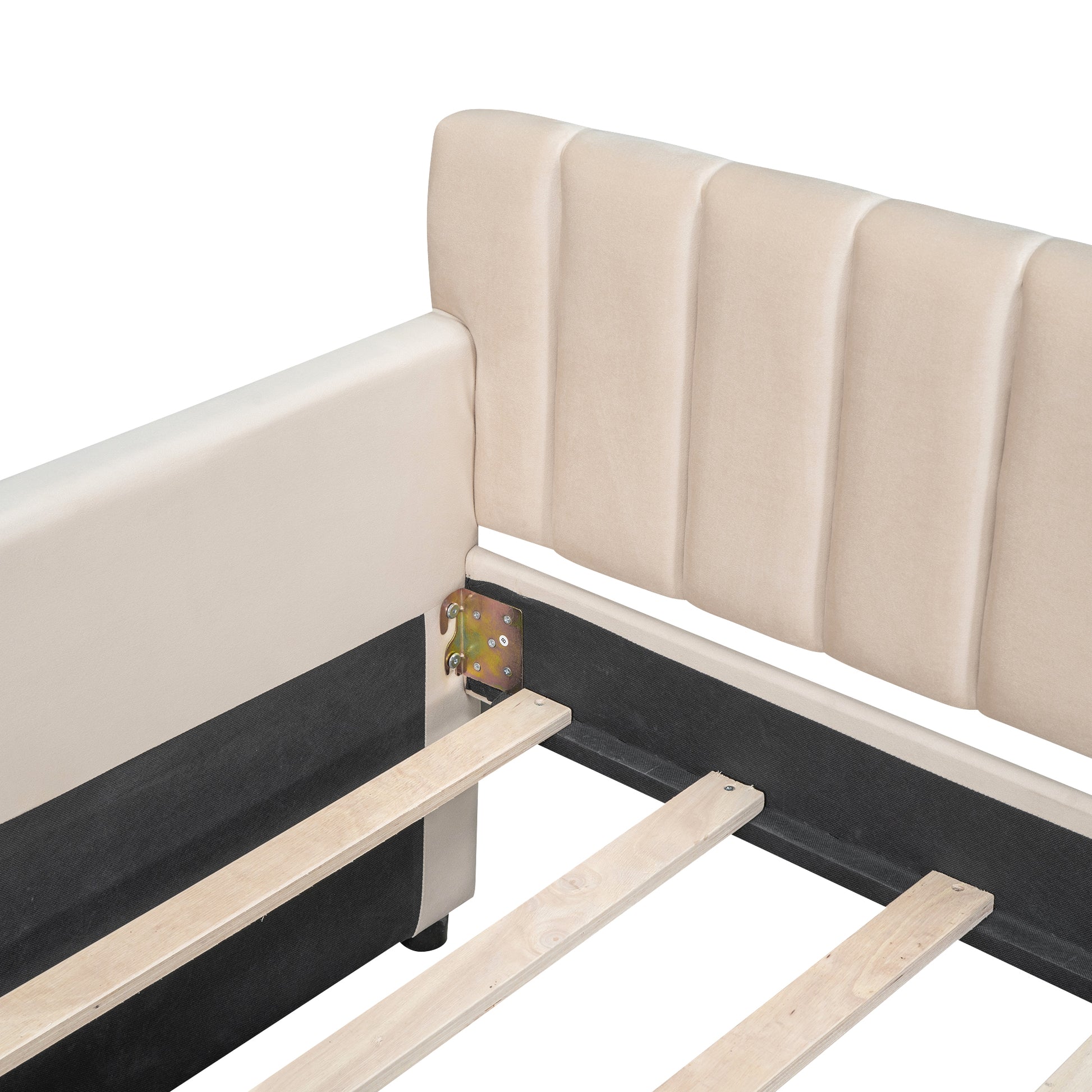 Beige velvet upholstered bed frame with channel tufting showcasing construction details