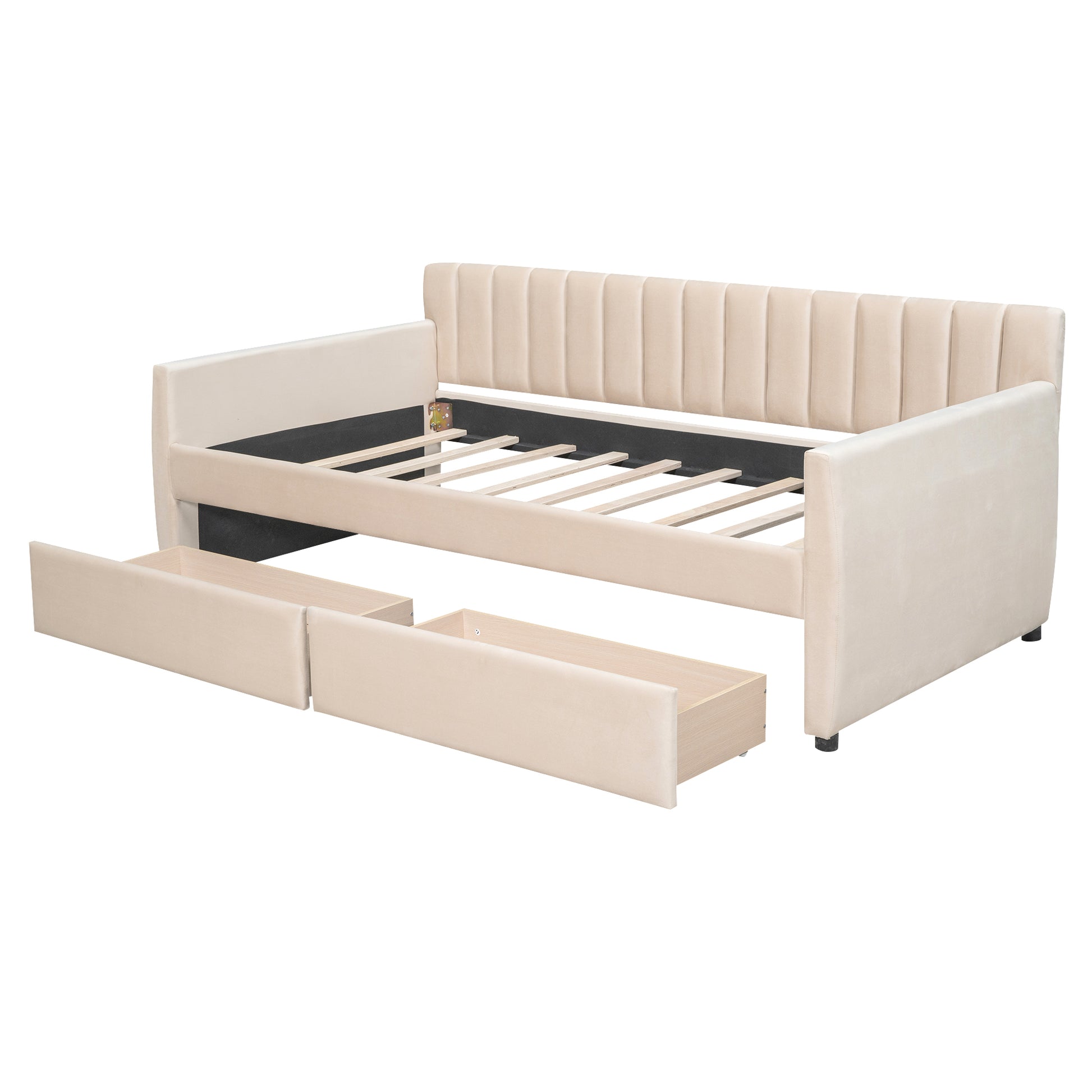 Upholstered beige daybed with tufted headboard and two pullout storage drawers