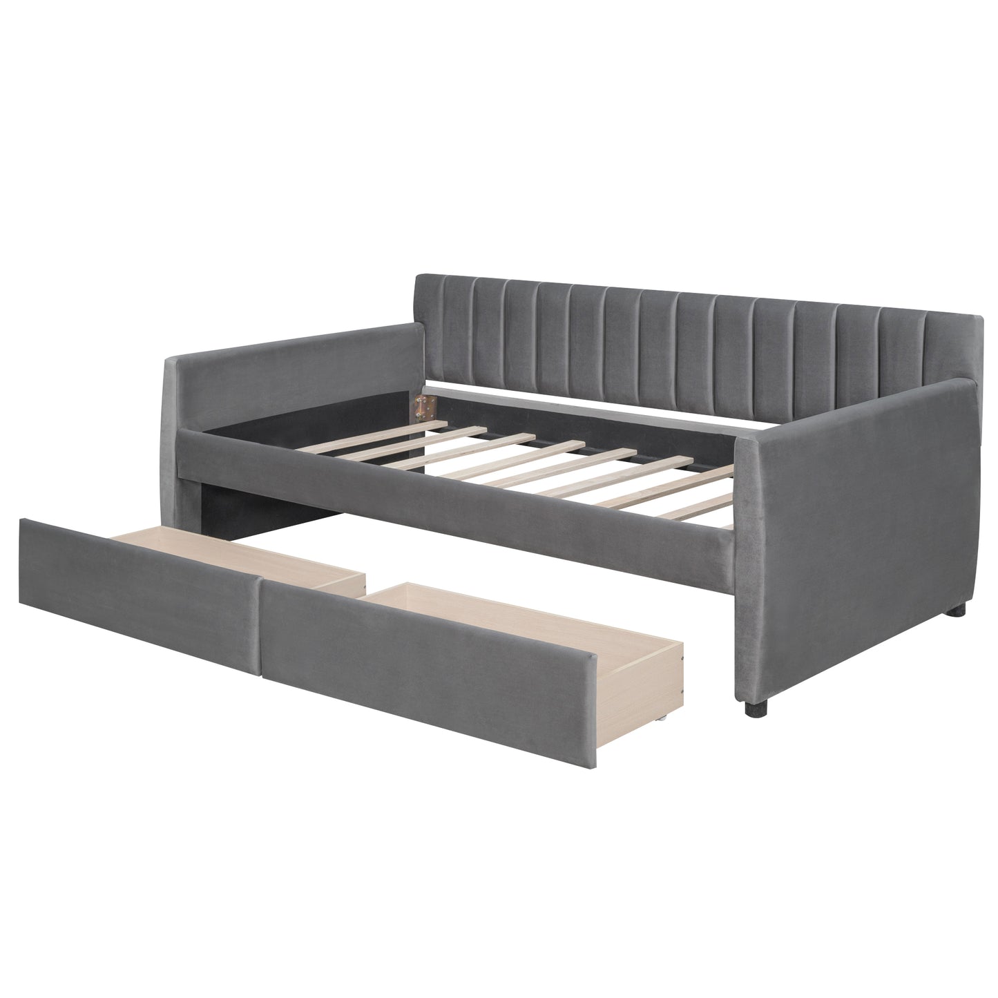 Grey velvet daybed with channeled headboard and two pullout storage drawers