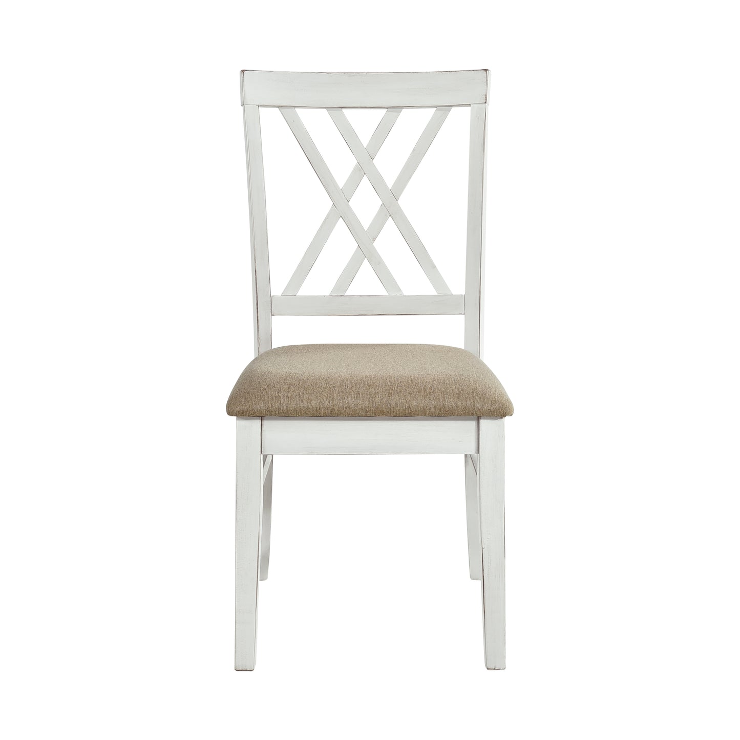 White distressed farmhouse dining chair with Xback and beige linen seat