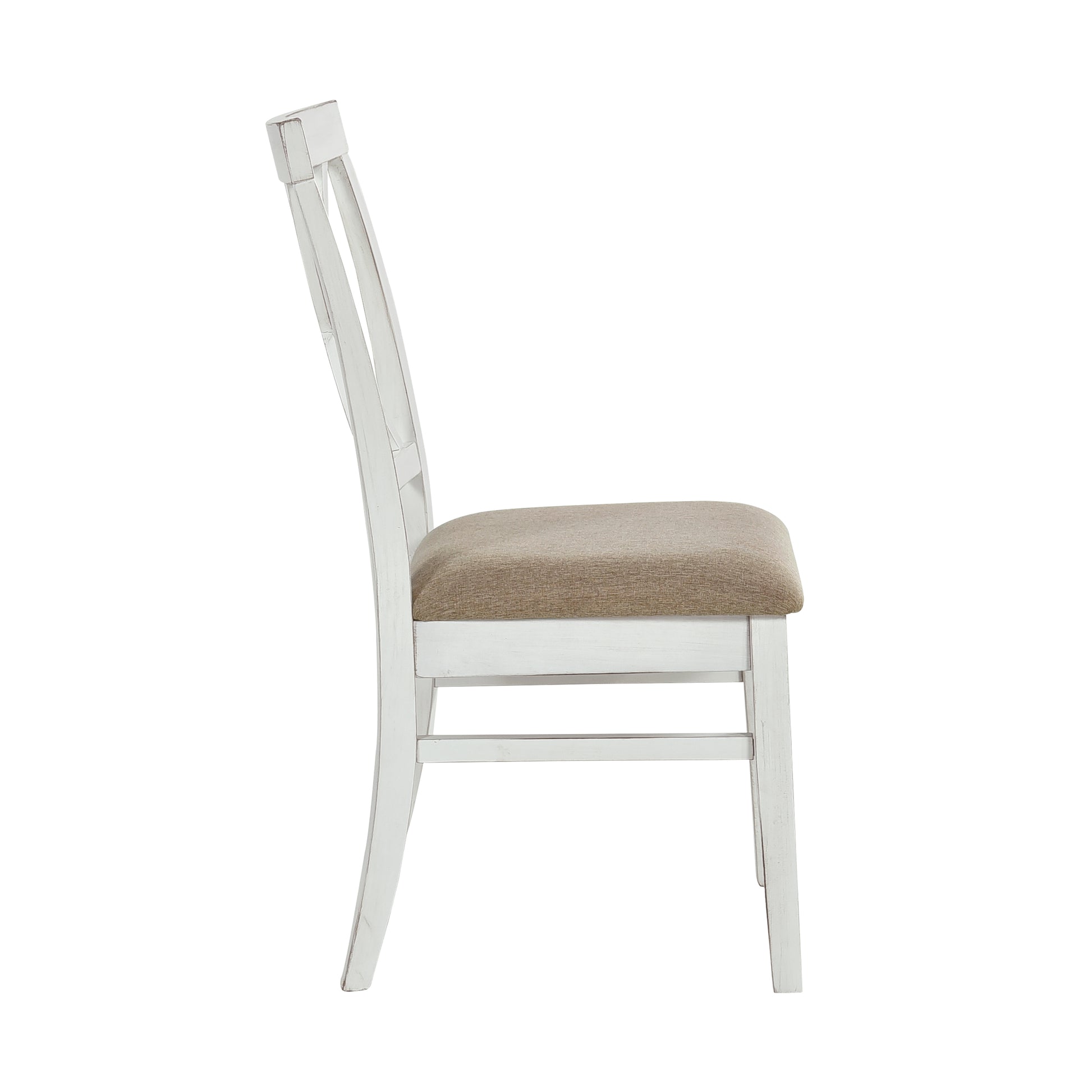 White distressed wood dining chair with neutral fabric seat