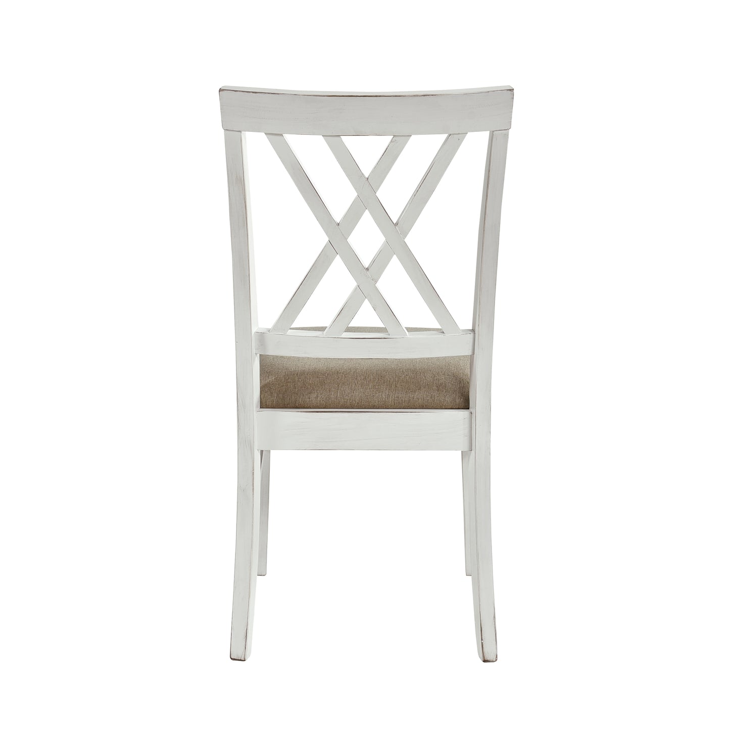White distressed wooden dining chair with Xback and upholstered seat