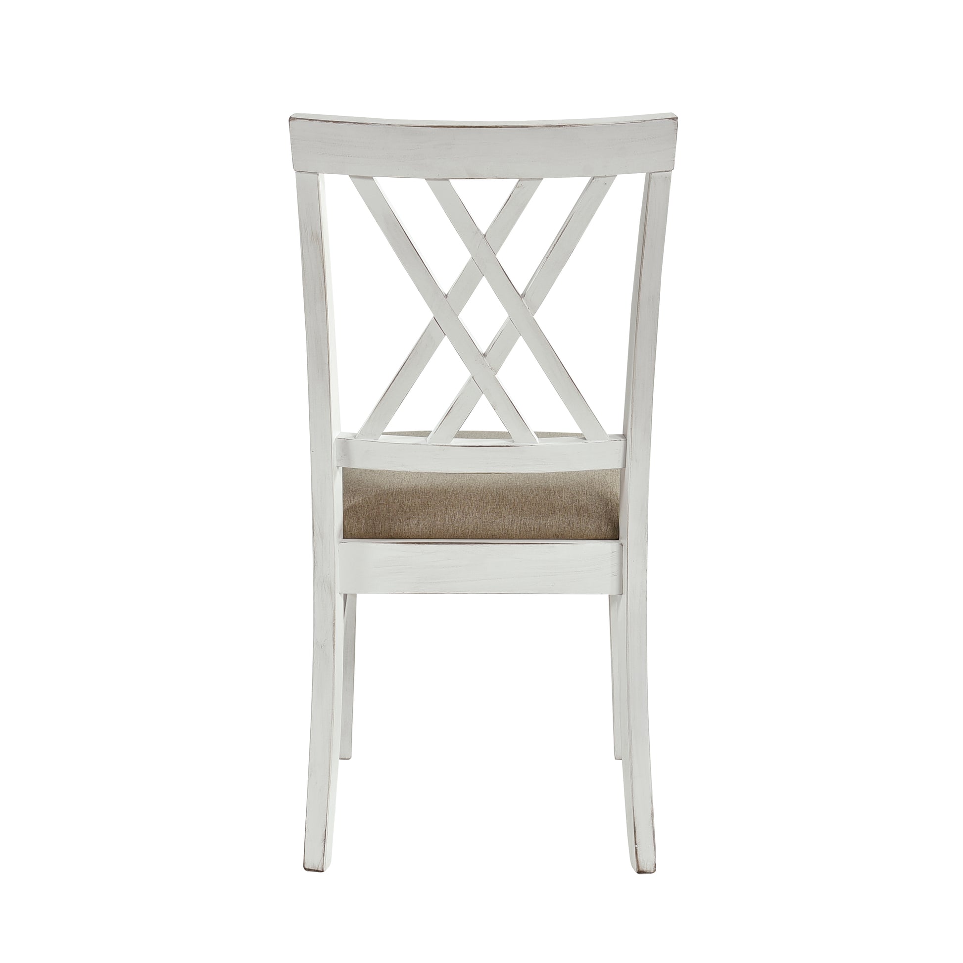 White distressed wooden dining chair with Xback and upholstered seat