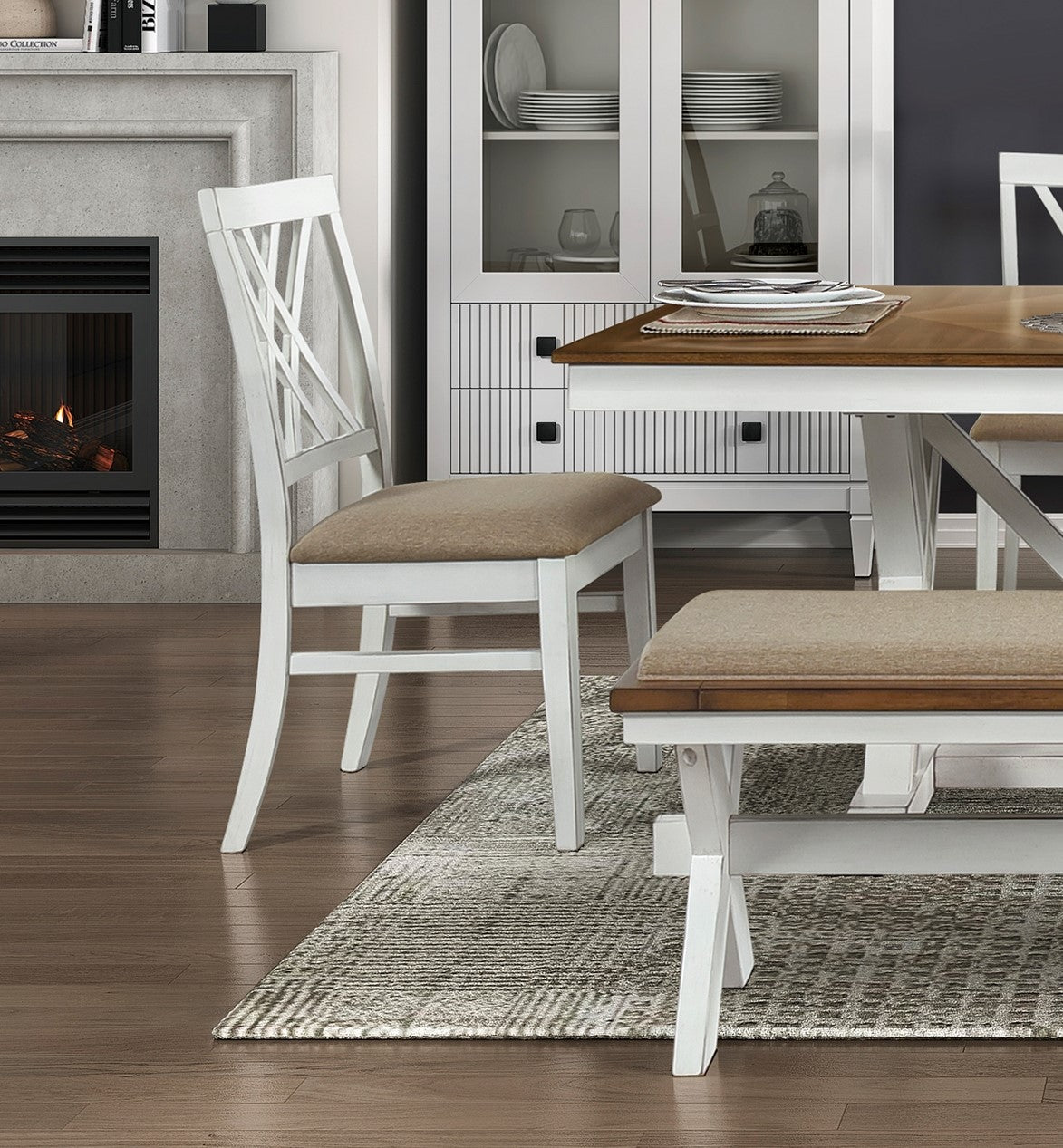 White crisscross back dining chair with beige upholstered seat