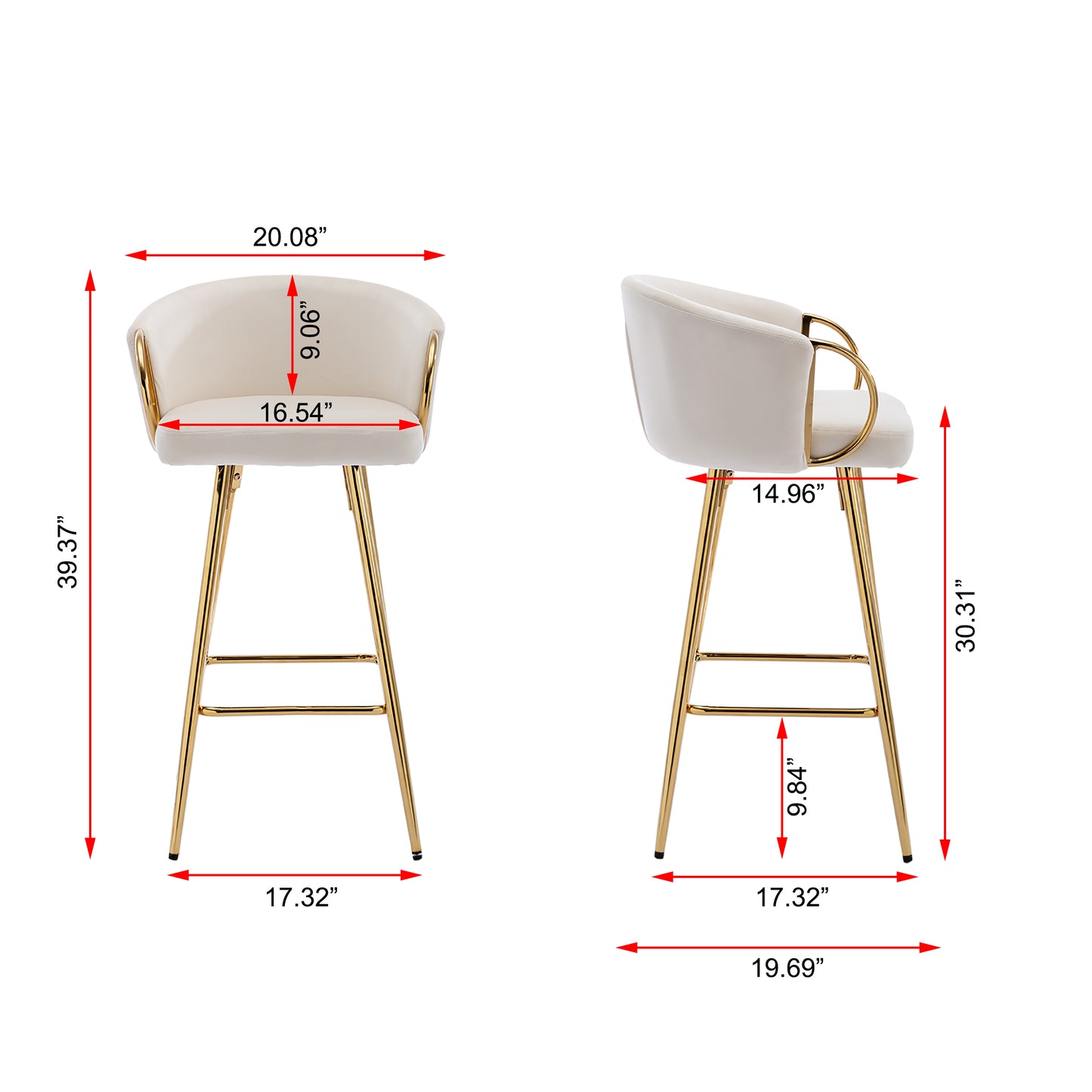 Cream velvet bar stool with gold metal legs and curved arms