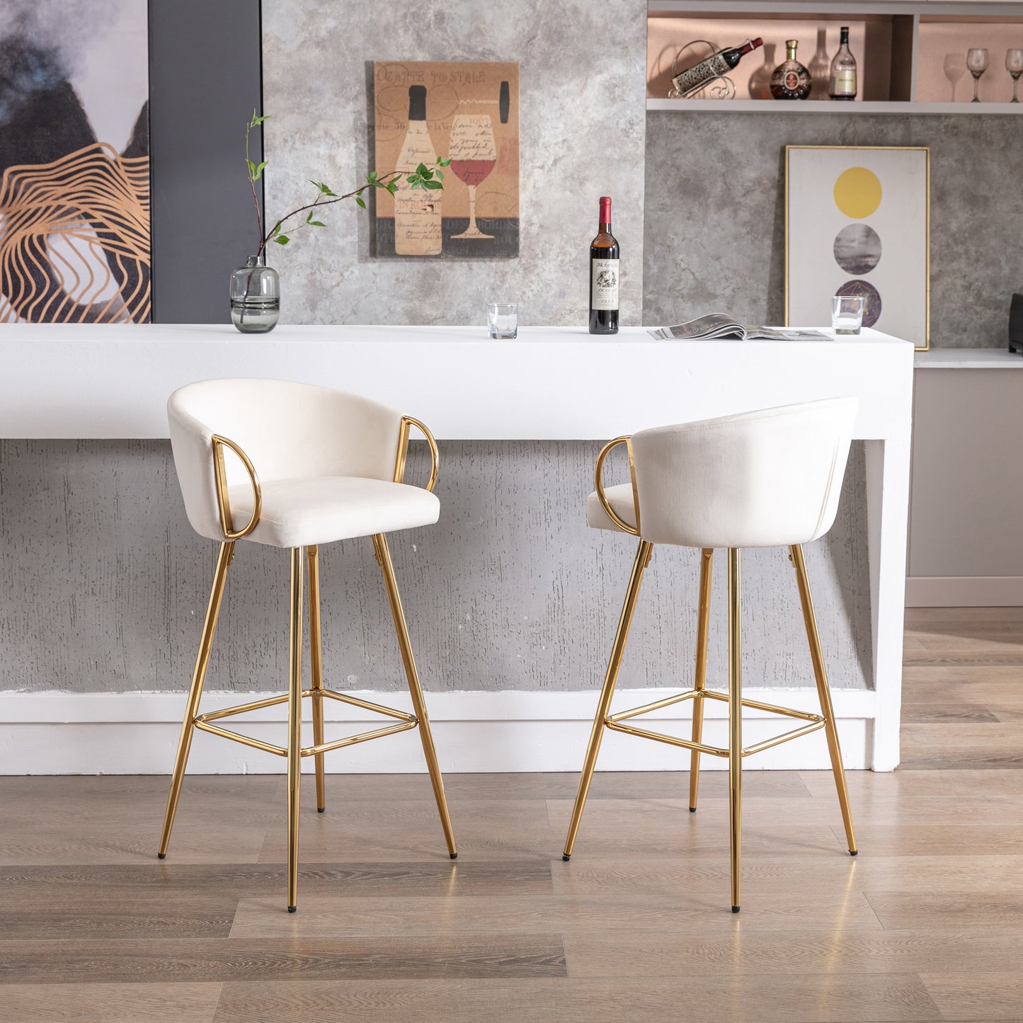 Cream velvet bar stool with gold legs and arms
