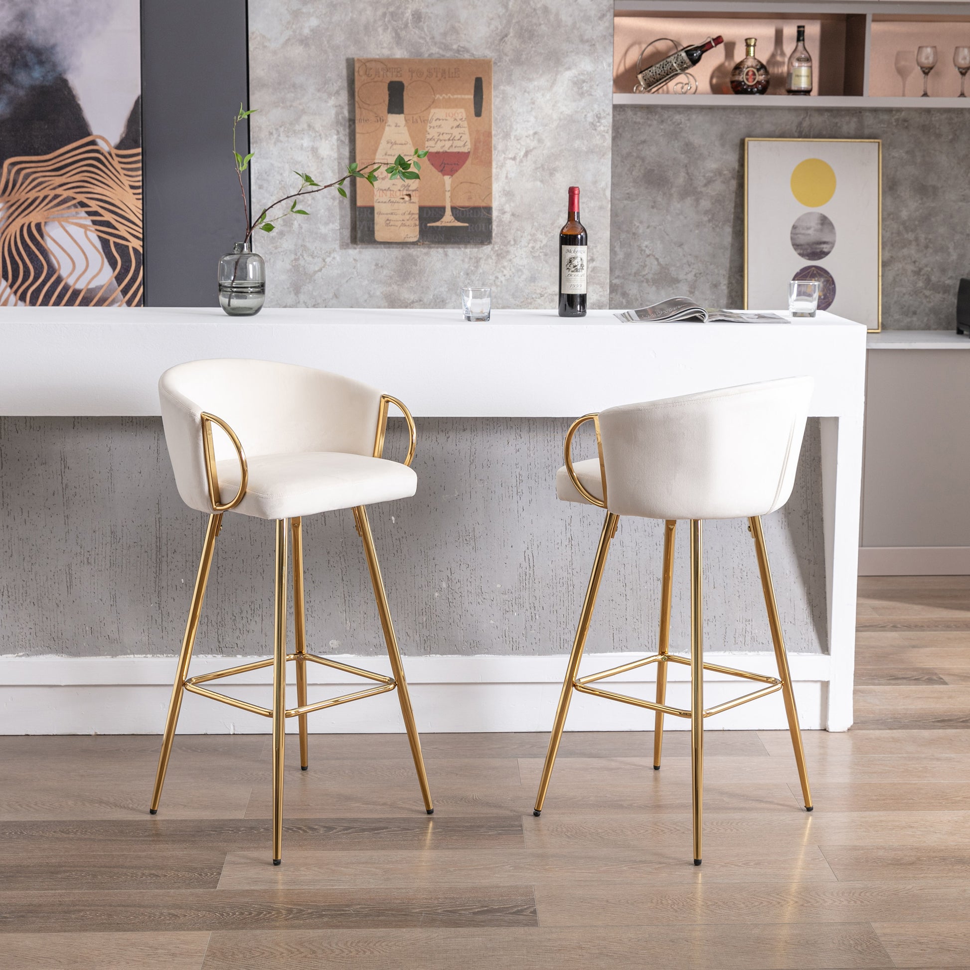 Cream velvet bar stool with gold legs and arms