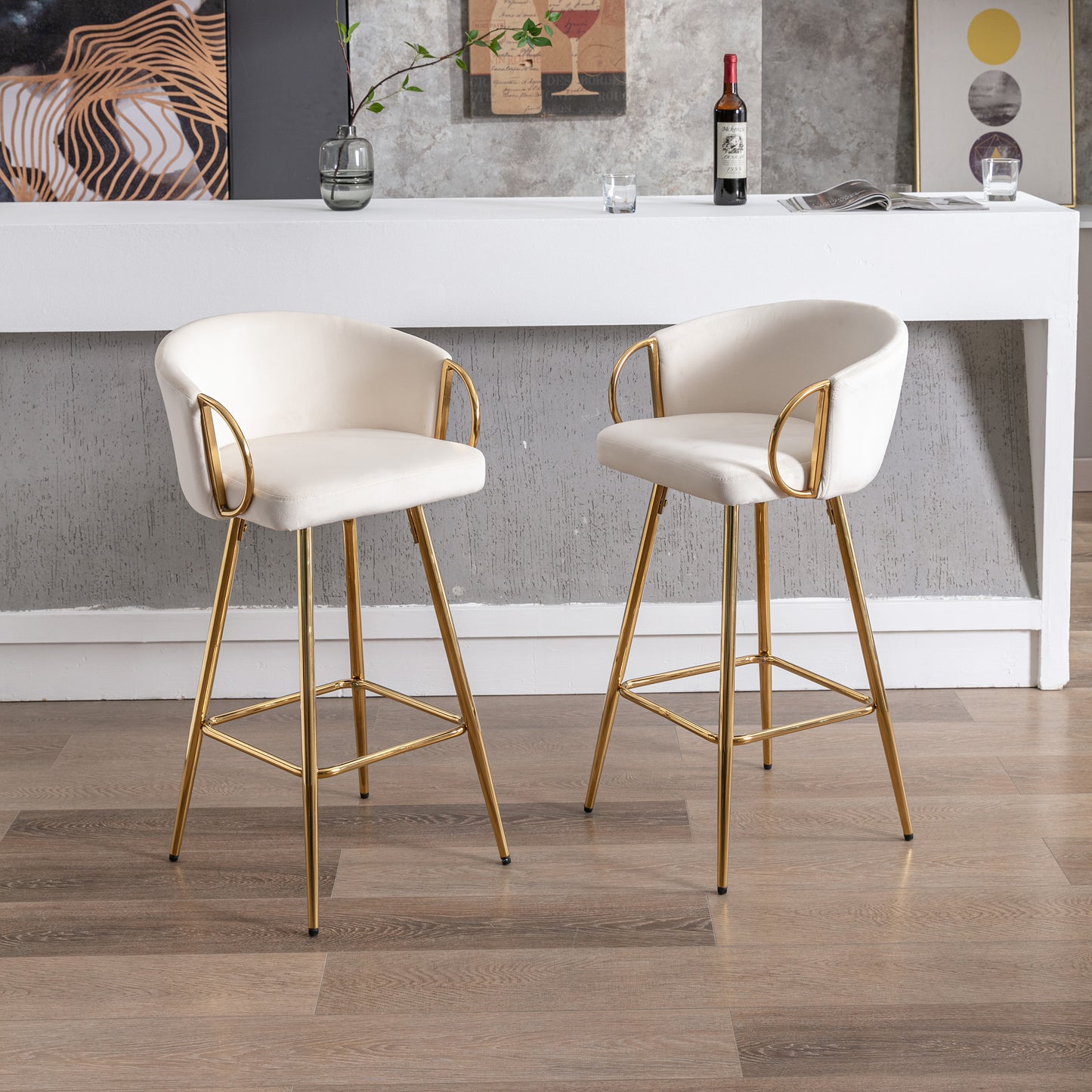 Cream velvet counter stool with gold legs and armrests
