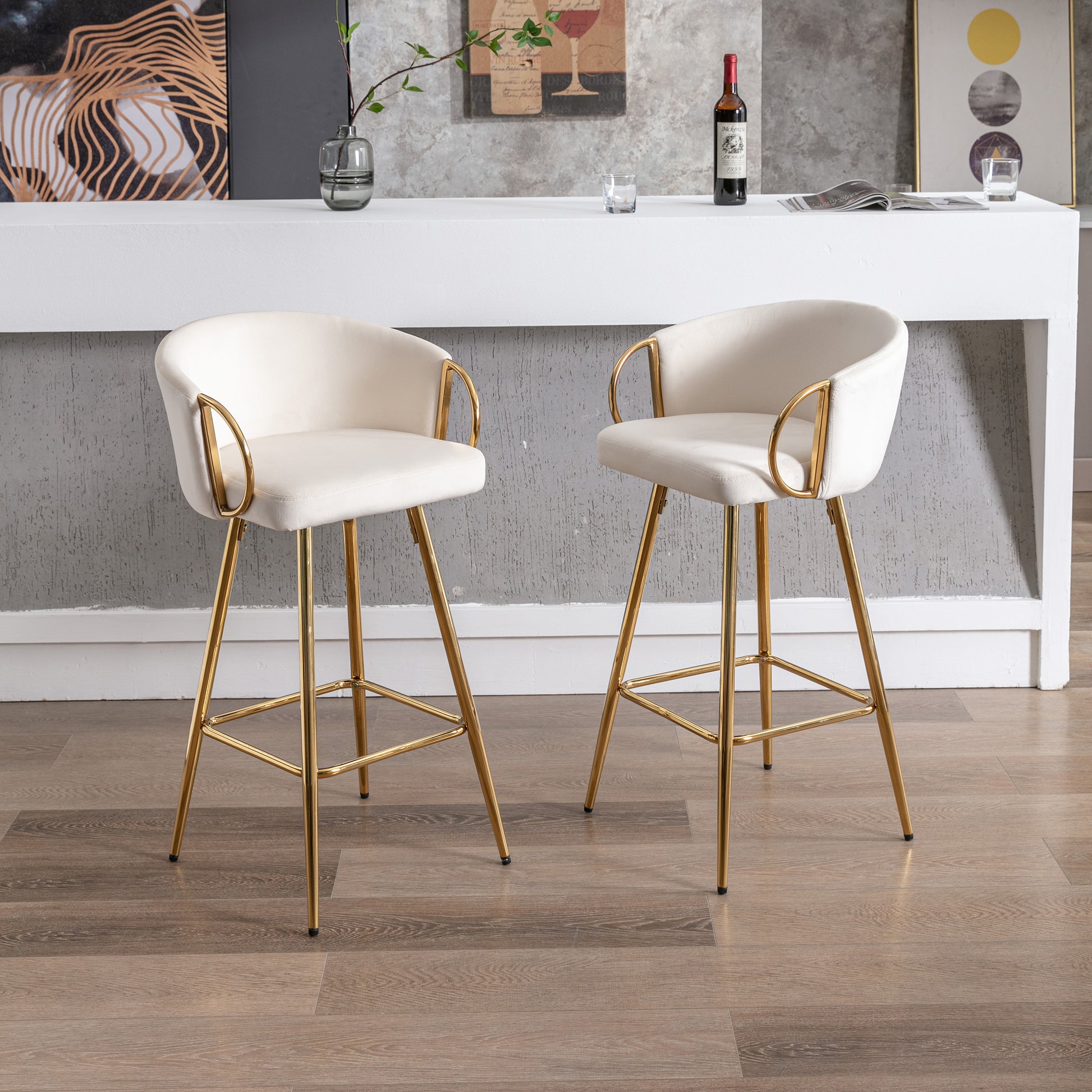 Cream velvet counter stool with gold legs and armrests