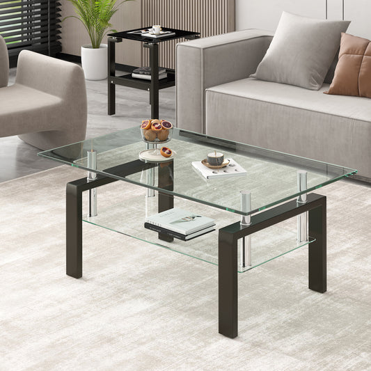 Modern glass coffee table with two tiers and dark metal frame