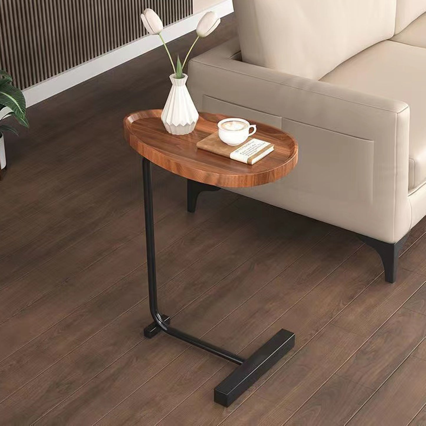 Compact Brown C-shaped Side Table for Small Spaces