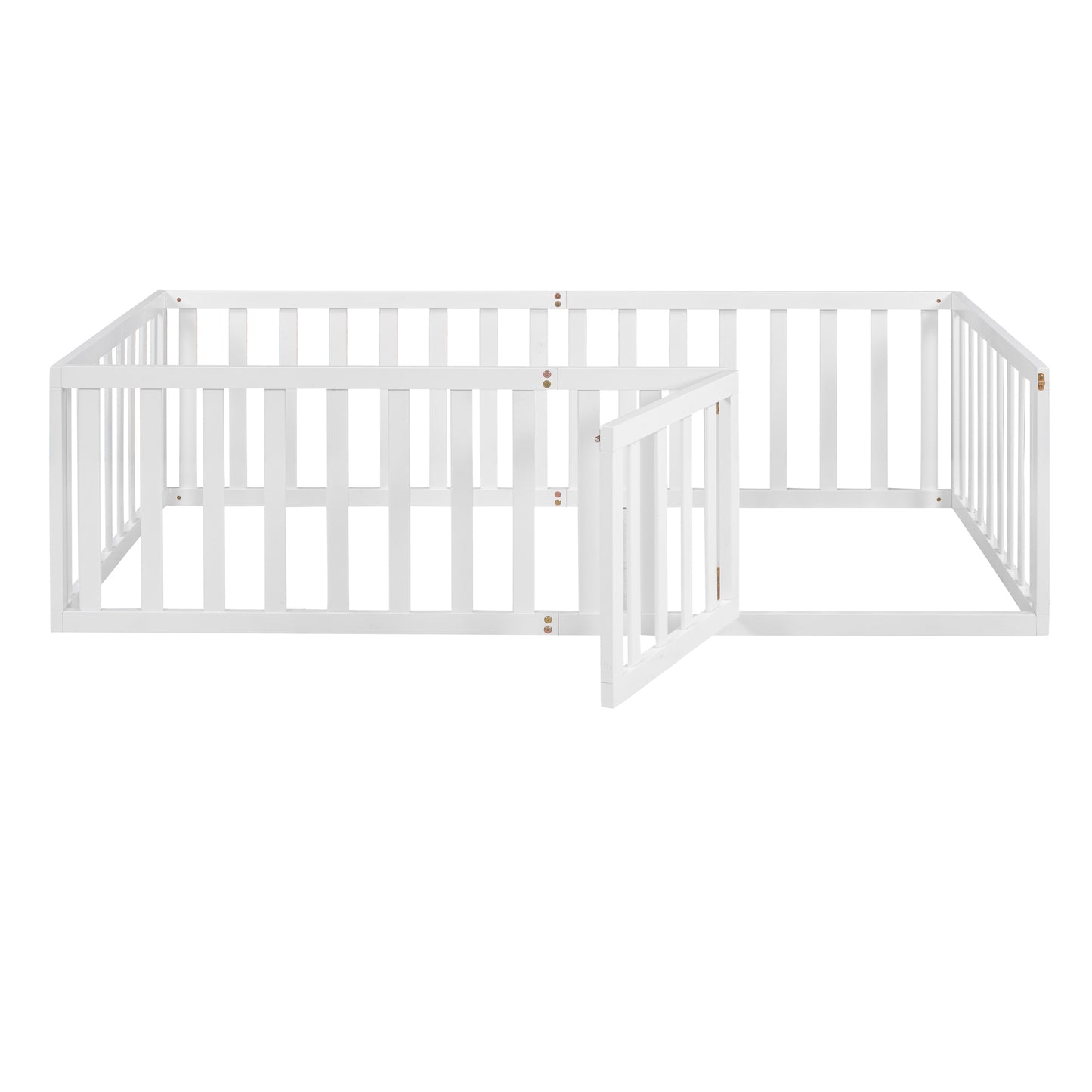 White wooden playpen with an open gate for baby safety