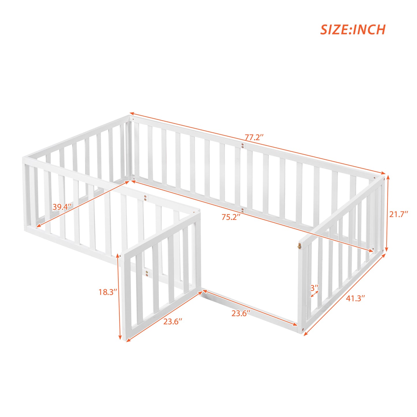 White wooden baby playpen with angled corner and safety latch