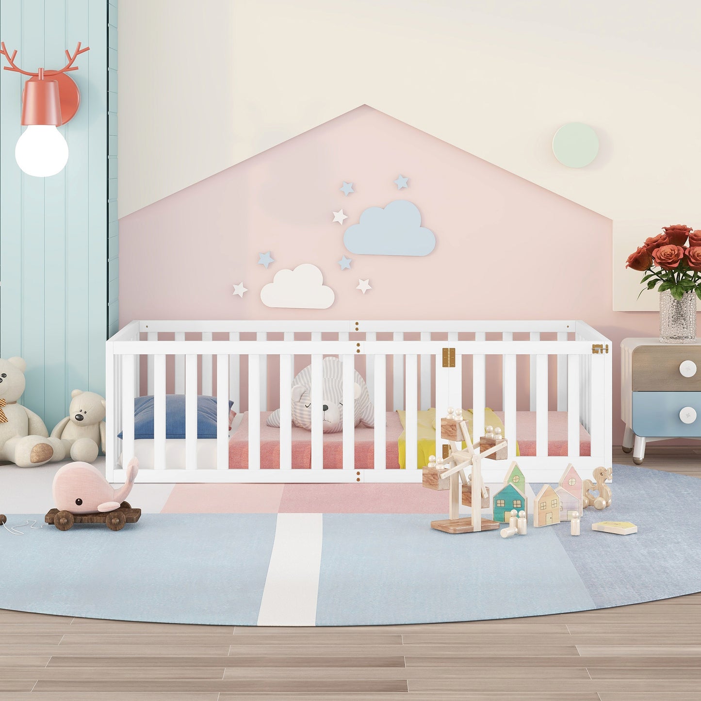 White wooden baby crib with soft bedding and plush toys