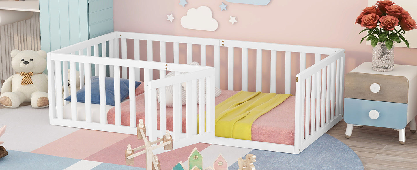 White wooden toddler bed with pink mattress and yellow blanket