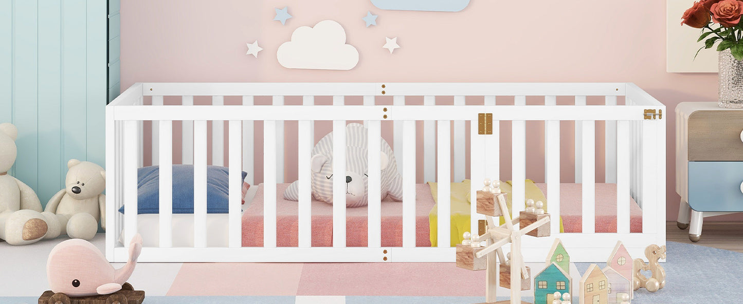 White wooden baby crib with plush toys and decorative items