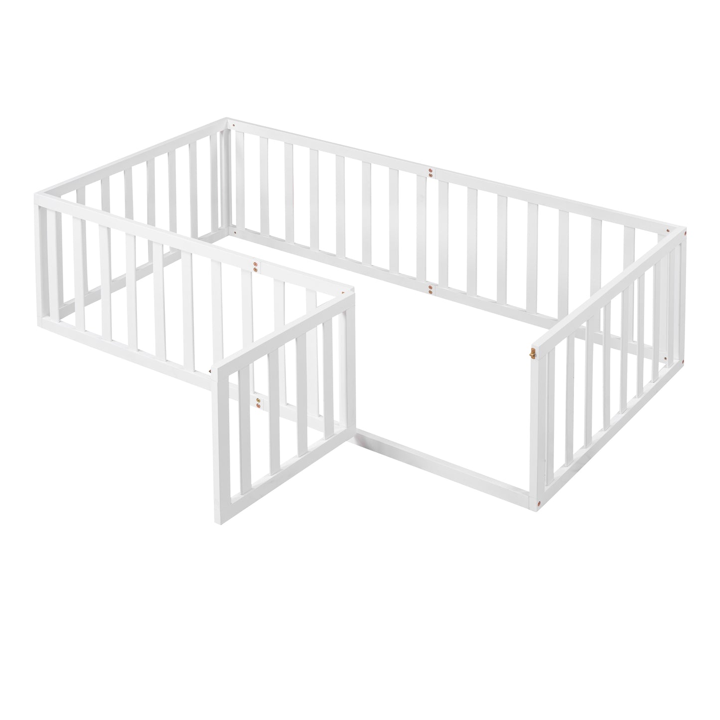 White wooden toddler bed frame with adjustable configuration
