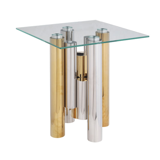 Square glass top side table with mixed gold and silver cylindrical legs
