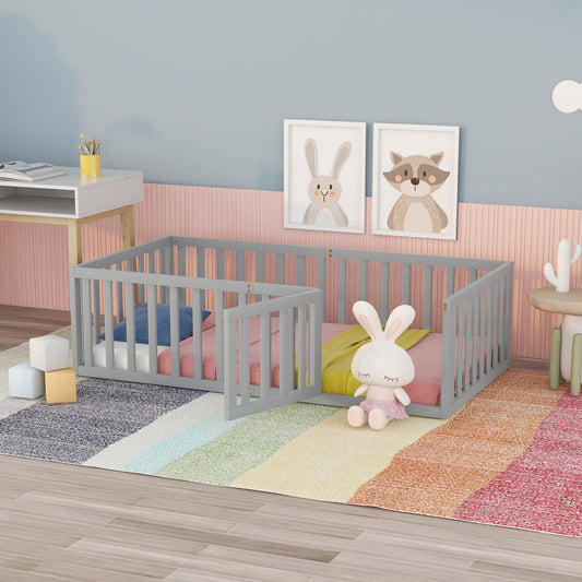 Grey toddler bed with railings soft bedding and plush bunny toy