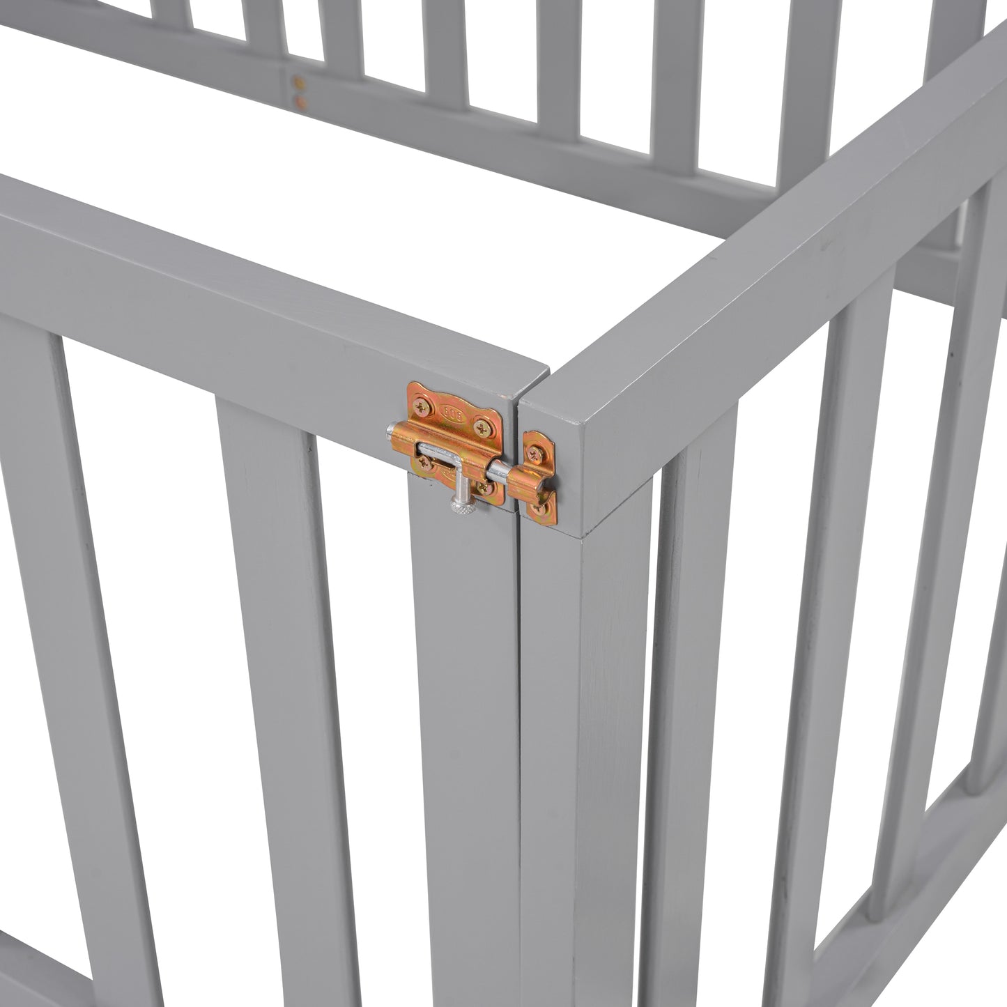 Gray wooden pet gate with a secure latch
