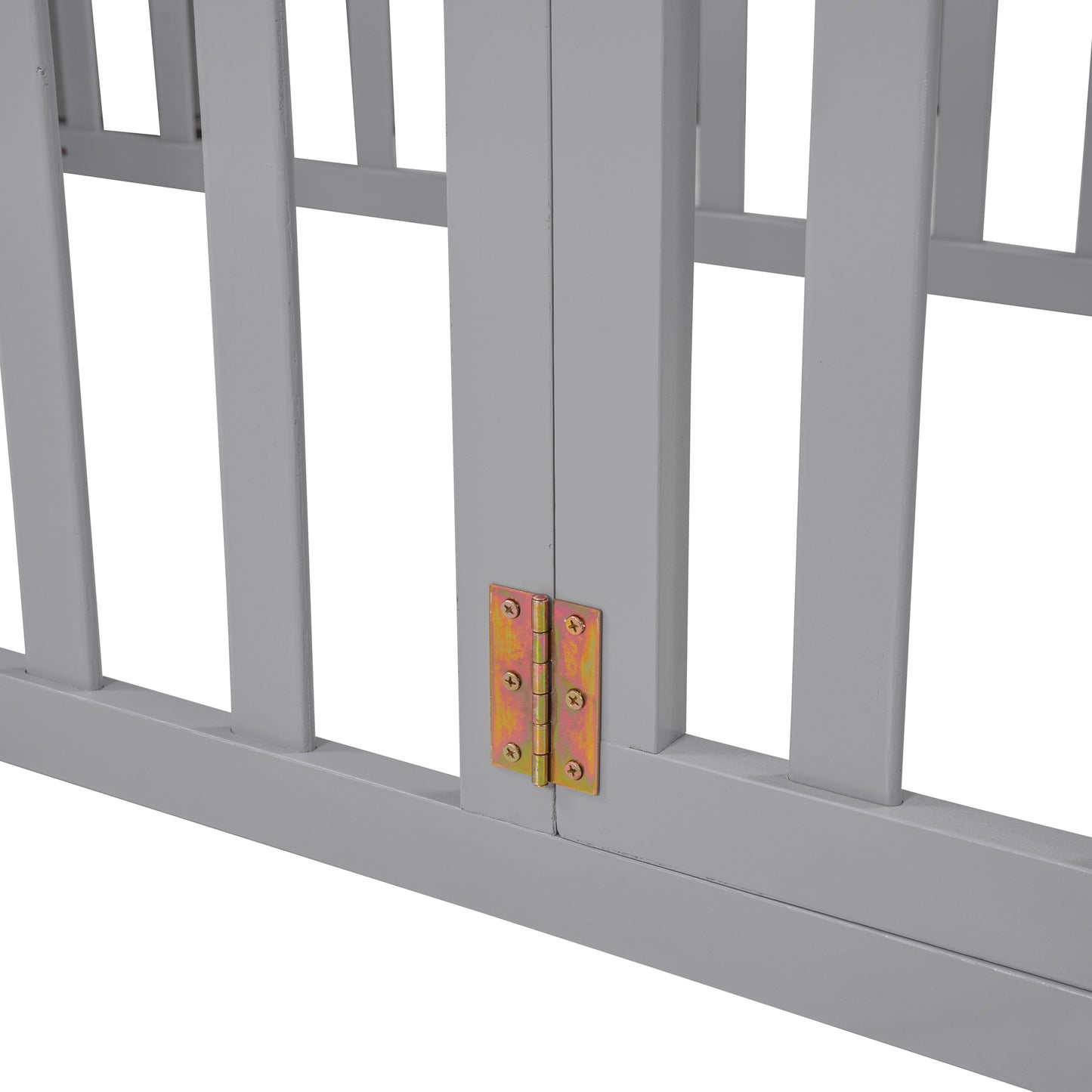 Gray wooden gate hinge detail showing sturdy construction