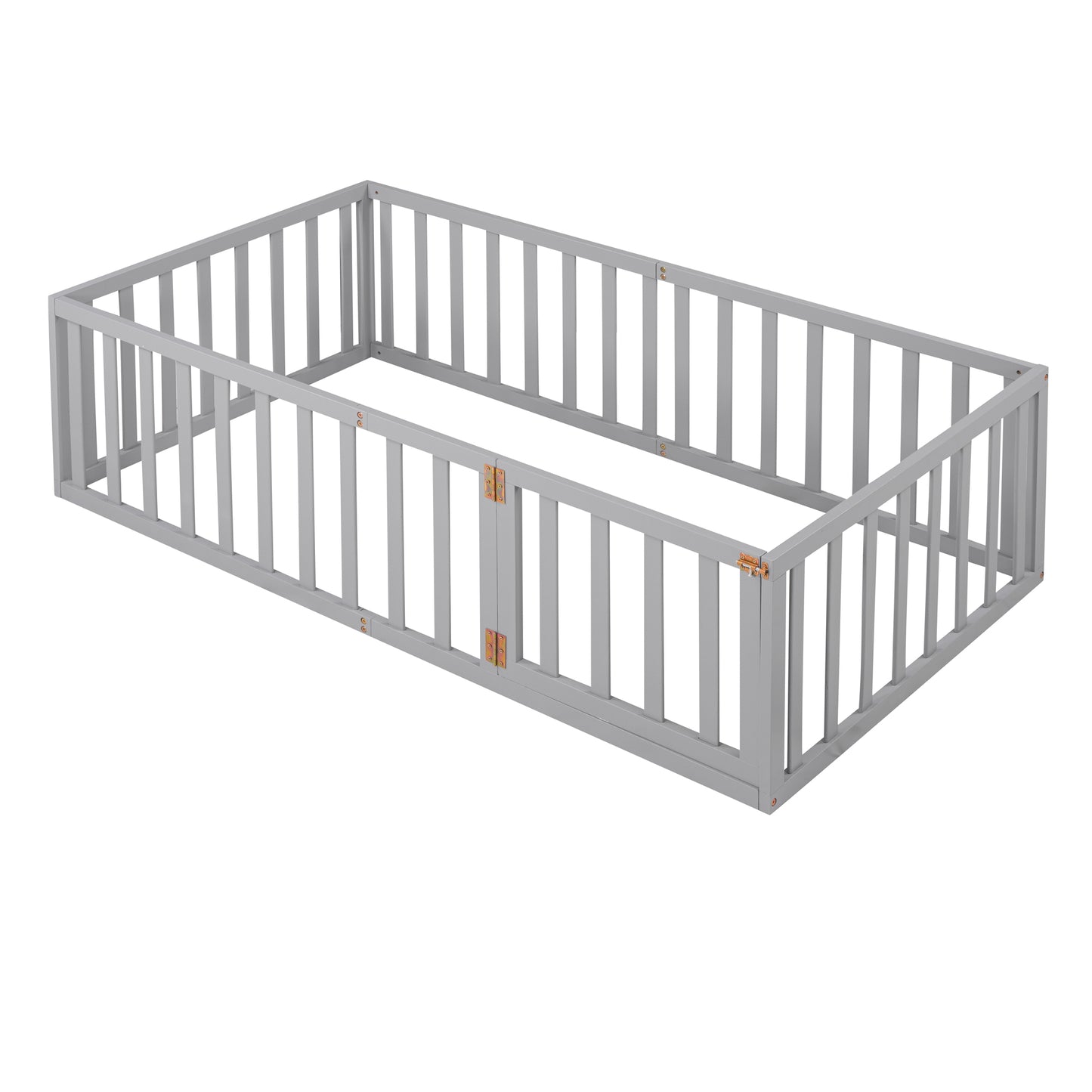Gray wooden baby playpen with safety gate