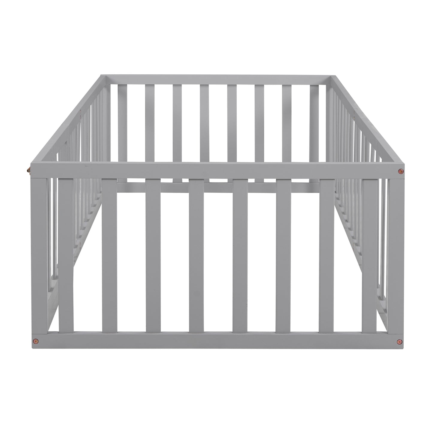 Light gray wooden baby playpen with vertical slats secured for safe play