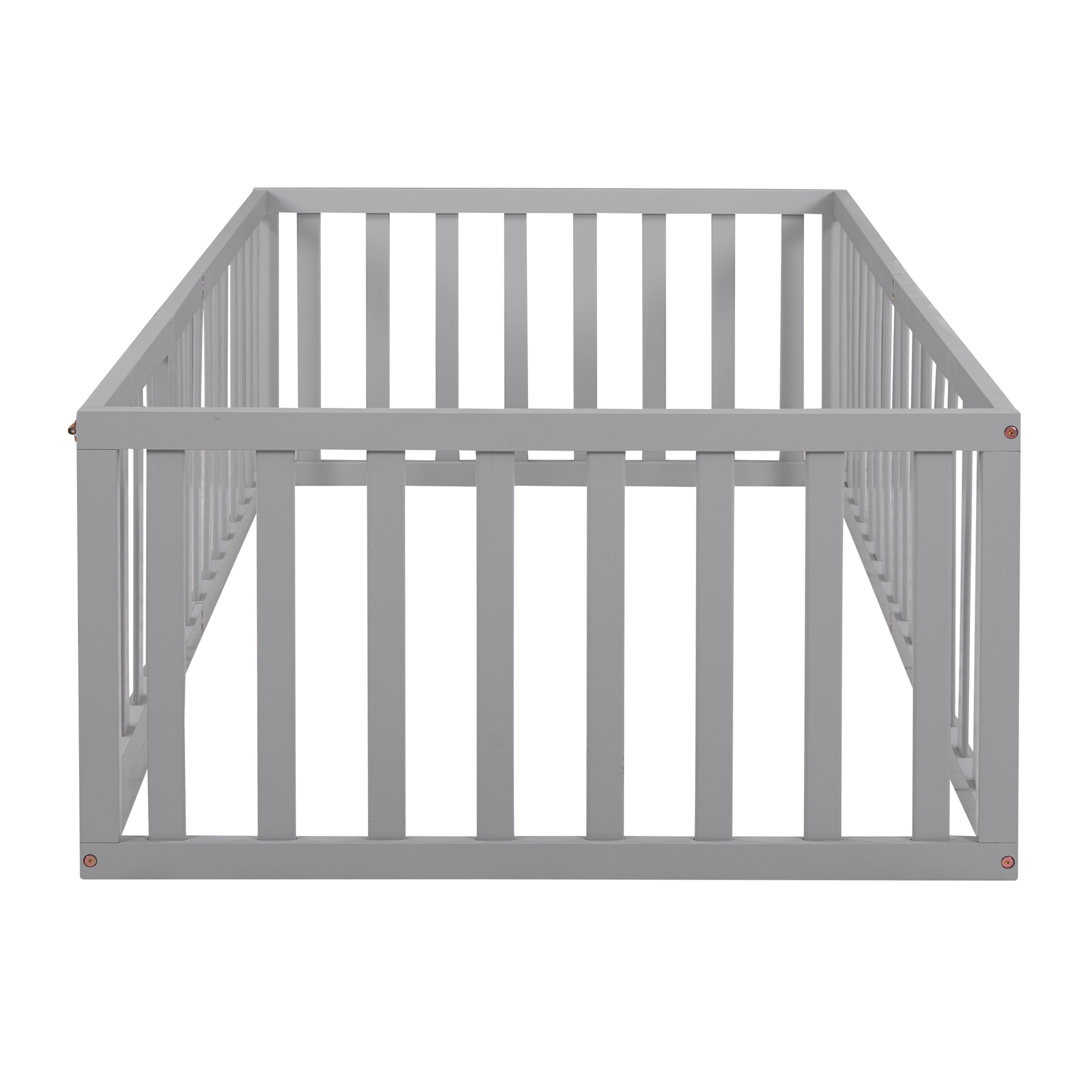 Light gray wooden baby playpen with vertical slats secured for safe play