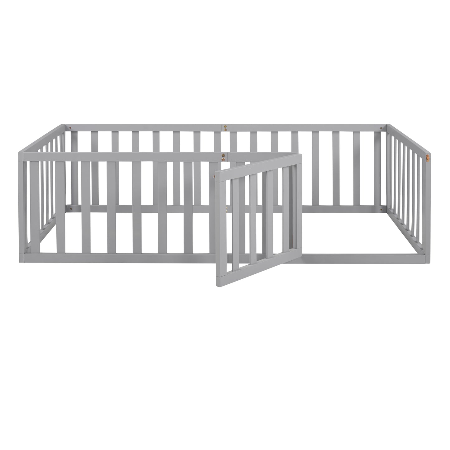 Gray wooden baby playpen with an open gate and vertical slats