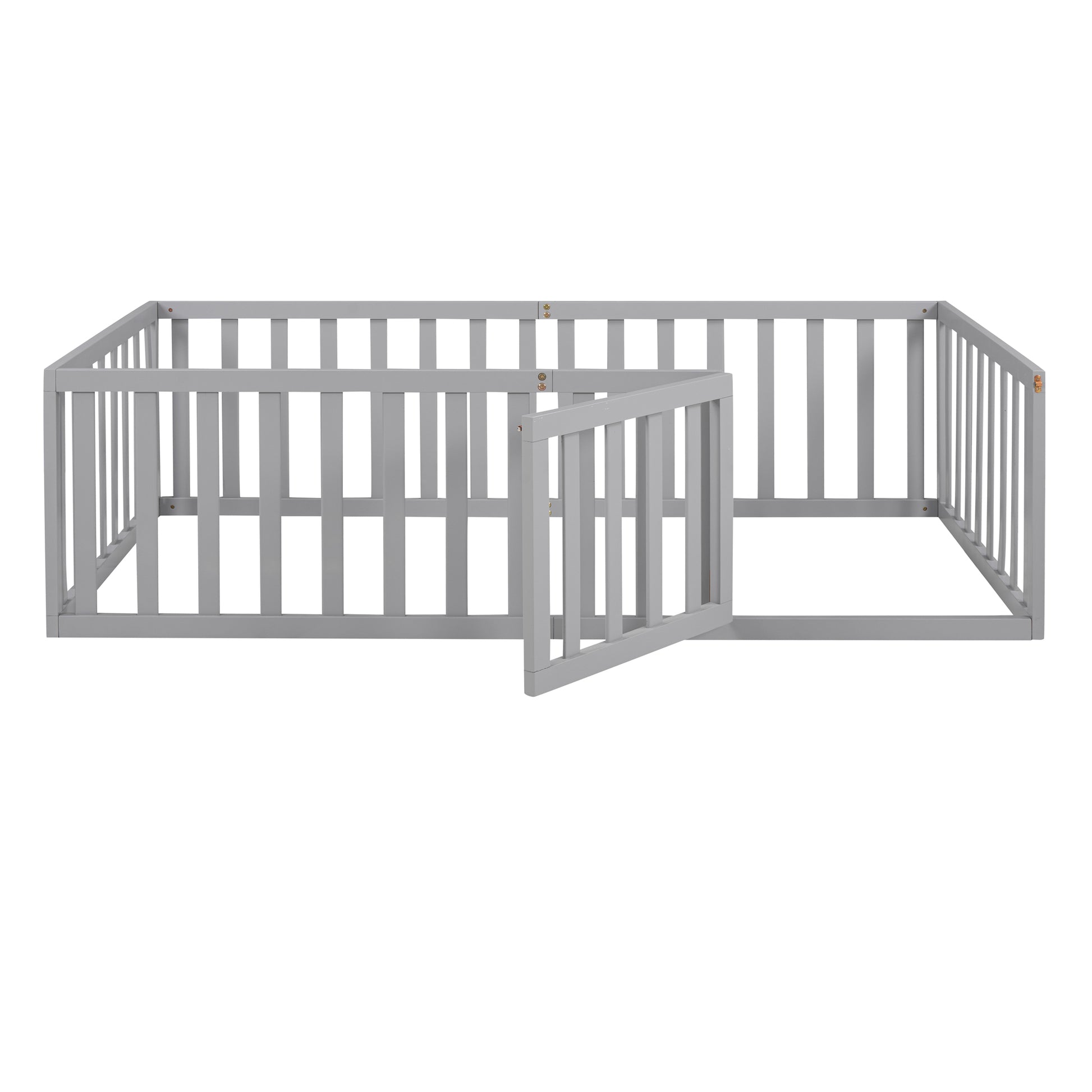 Gray wooden baby playpen with an open gate and vertical slats