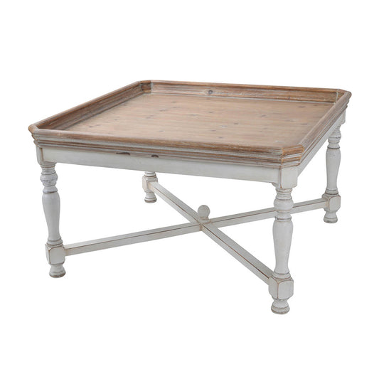 Rustic white and wood square coffee table with distressed finish
