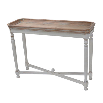 White distressed wooden console table with natural wood top