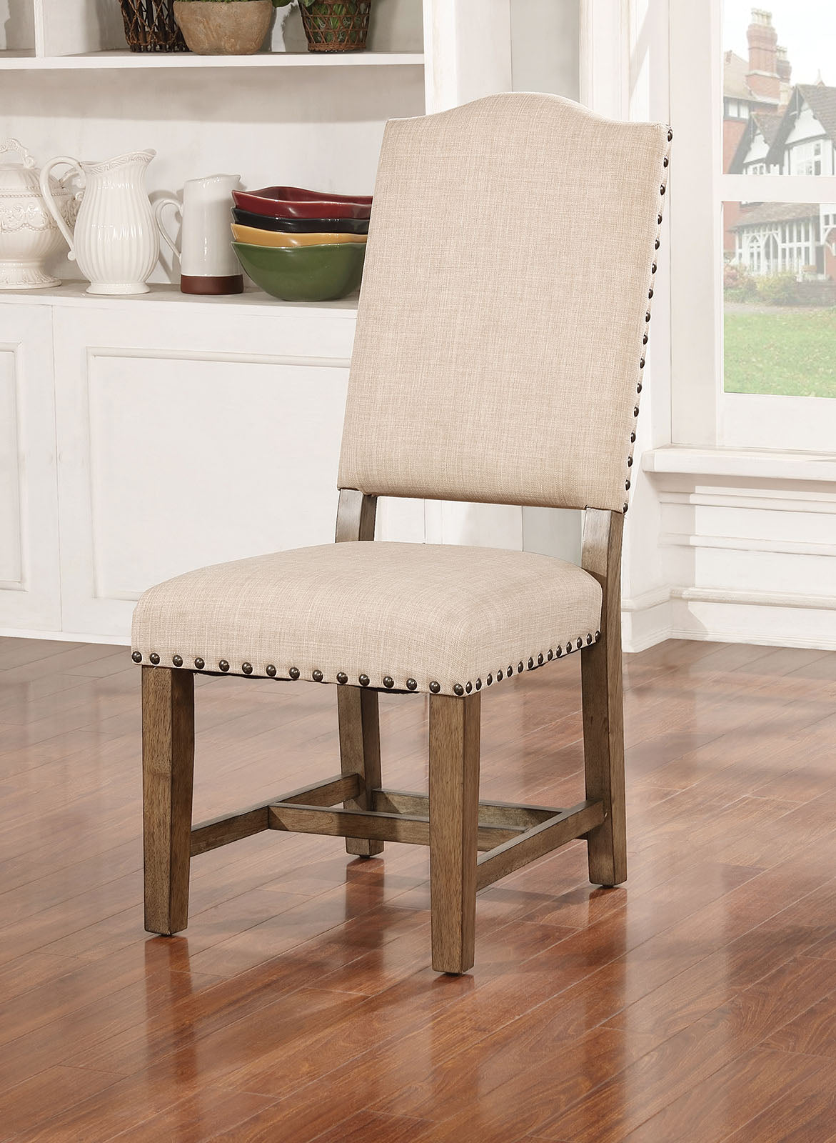TREATLIFE HOME Rustic 2-Piece Dining Chairs with Upholstered Cushion and Nailhead Trim, Light Oak Finish, Beige Fabric