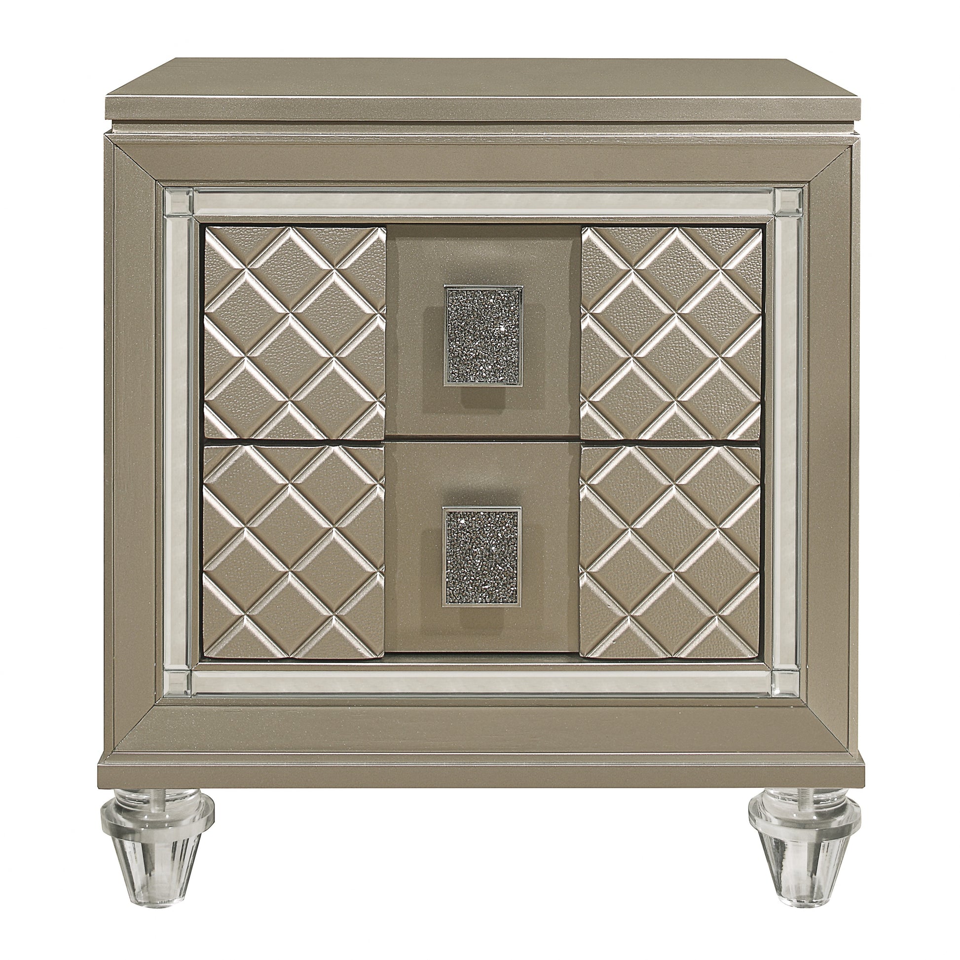 Champagnecolored nightstand with tufted diamond pattern drawer fronts and crystal knobs