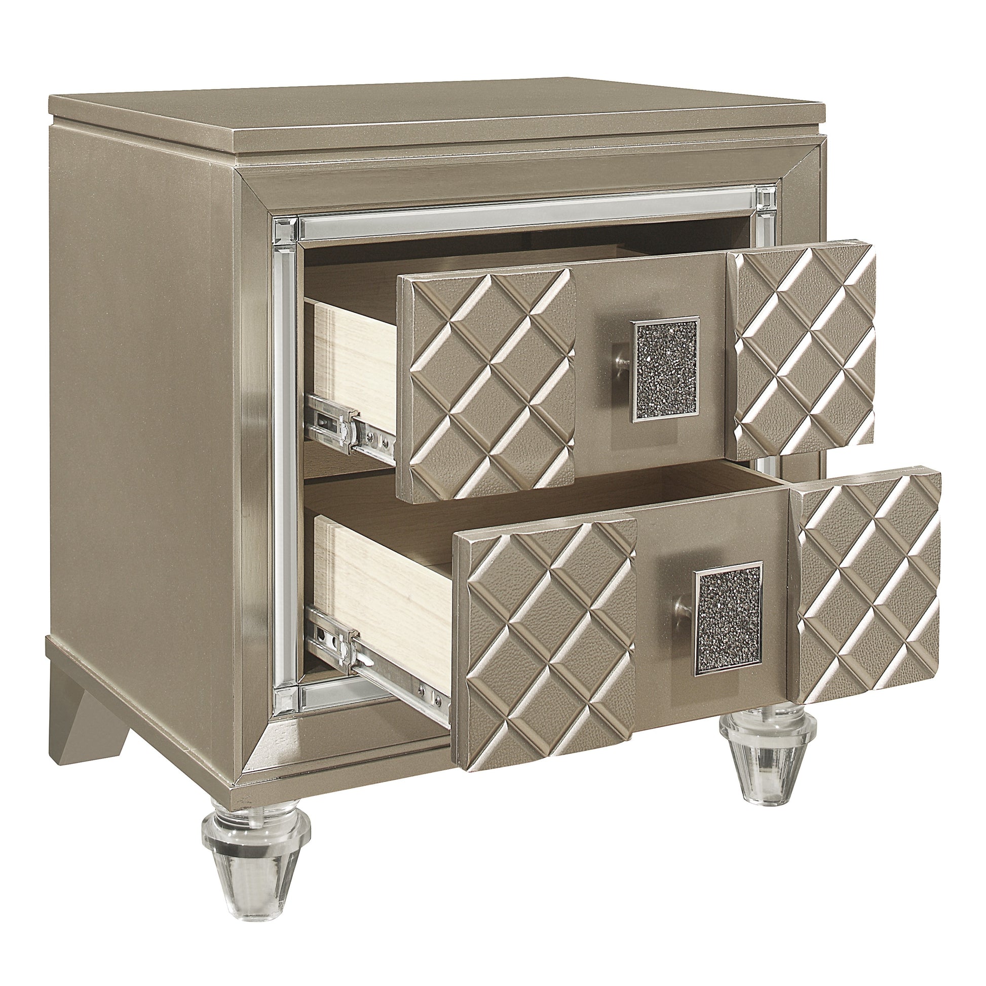 Glam champagne drawer nightstand with crystal knobs and clear acrylic legs