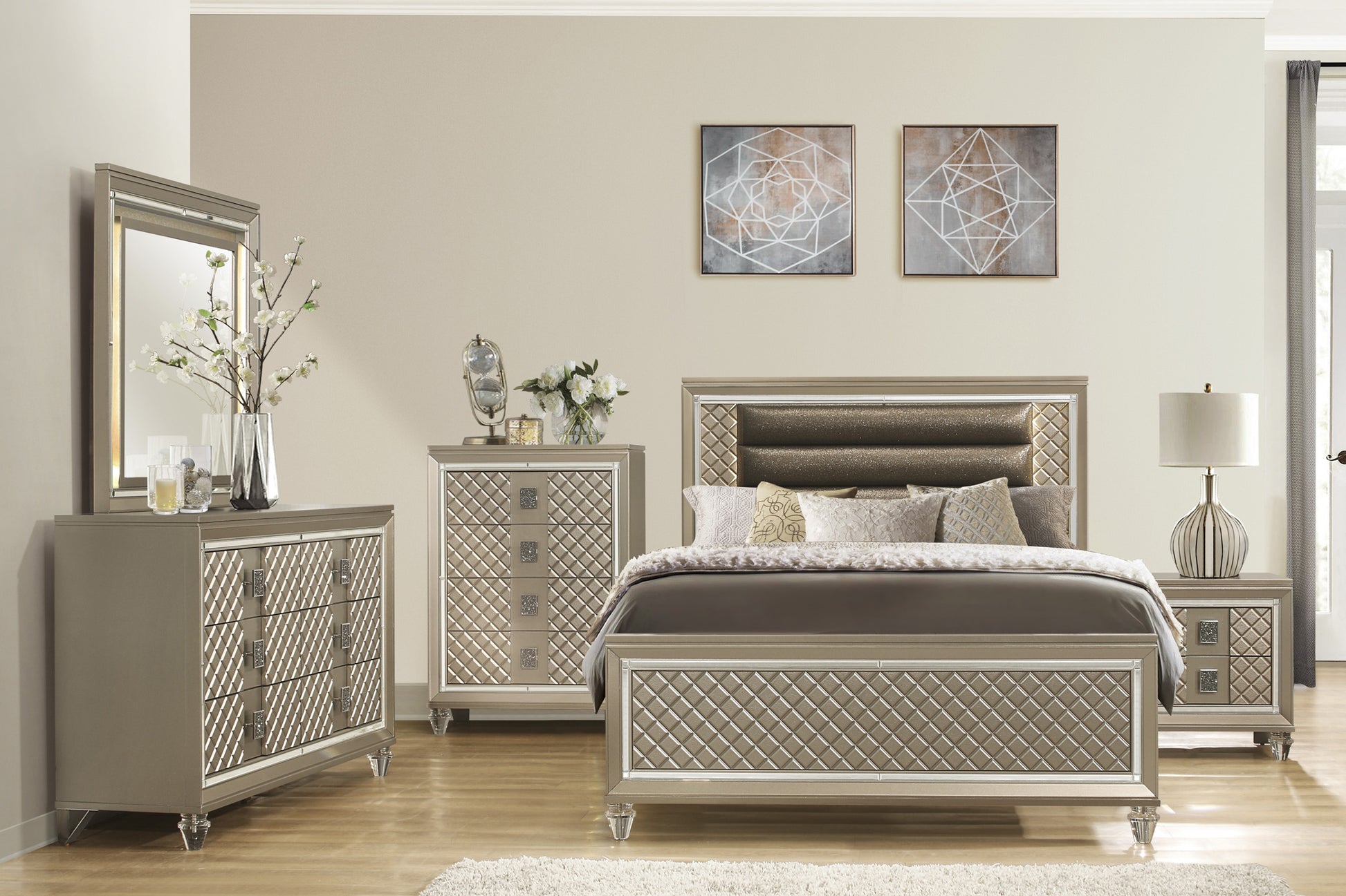 Glamorous champagne queen bed frame with crystaltufted headboard and diamondpatterned panels