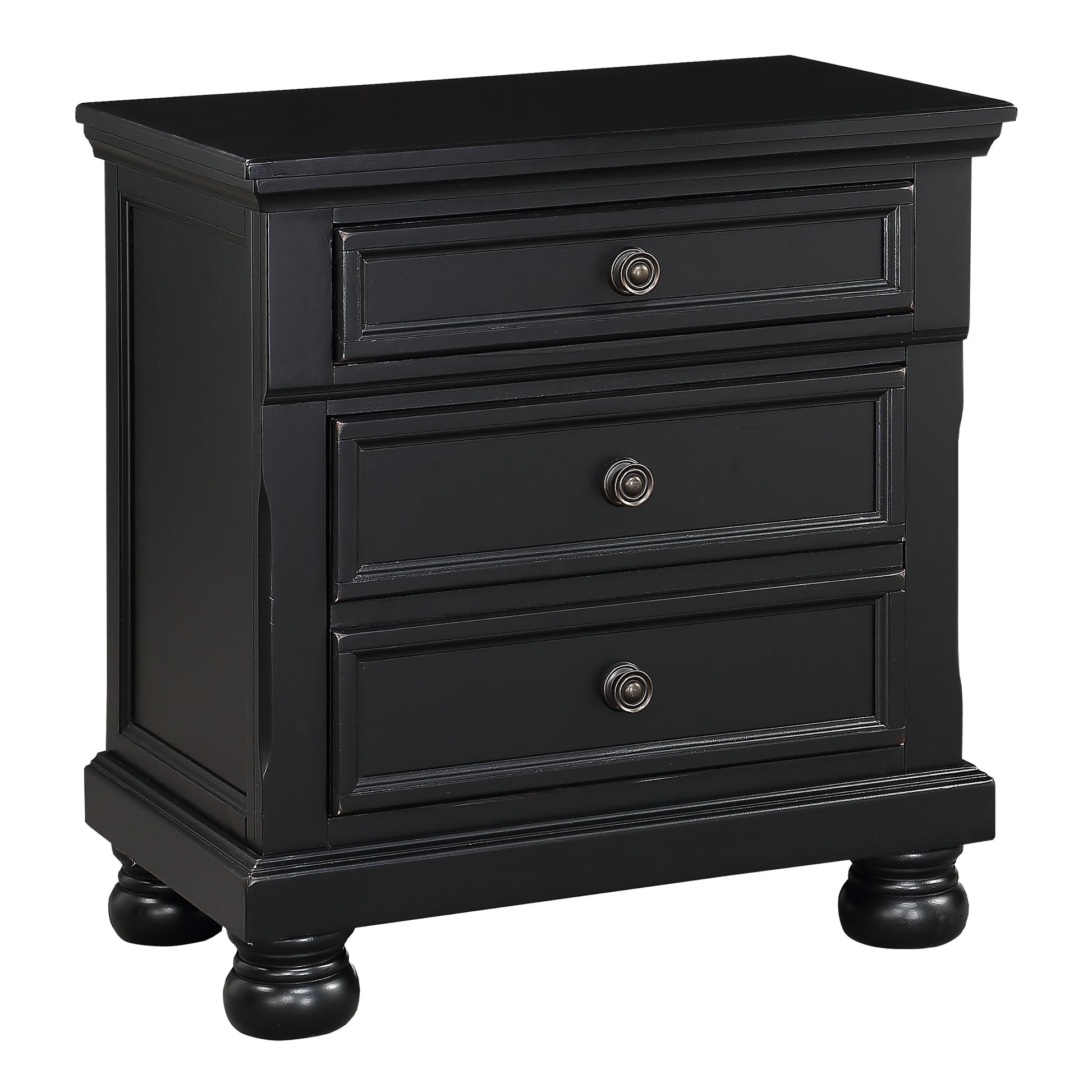 Classic black wooden nightstand with three drawers and decorative knobs