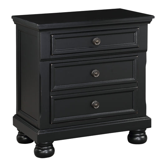 Classic black wooden nightstand with three drawers and decorative knobs