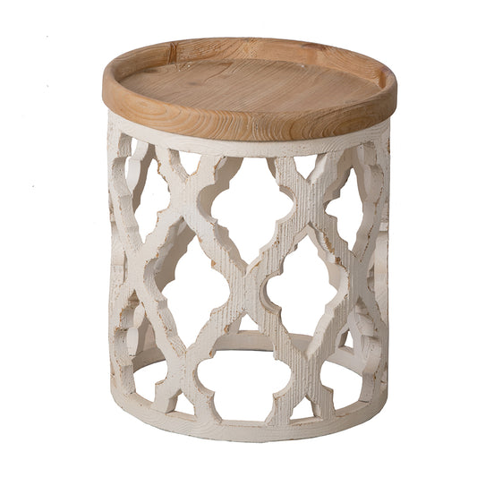 White lattice carved side table with natural wood top