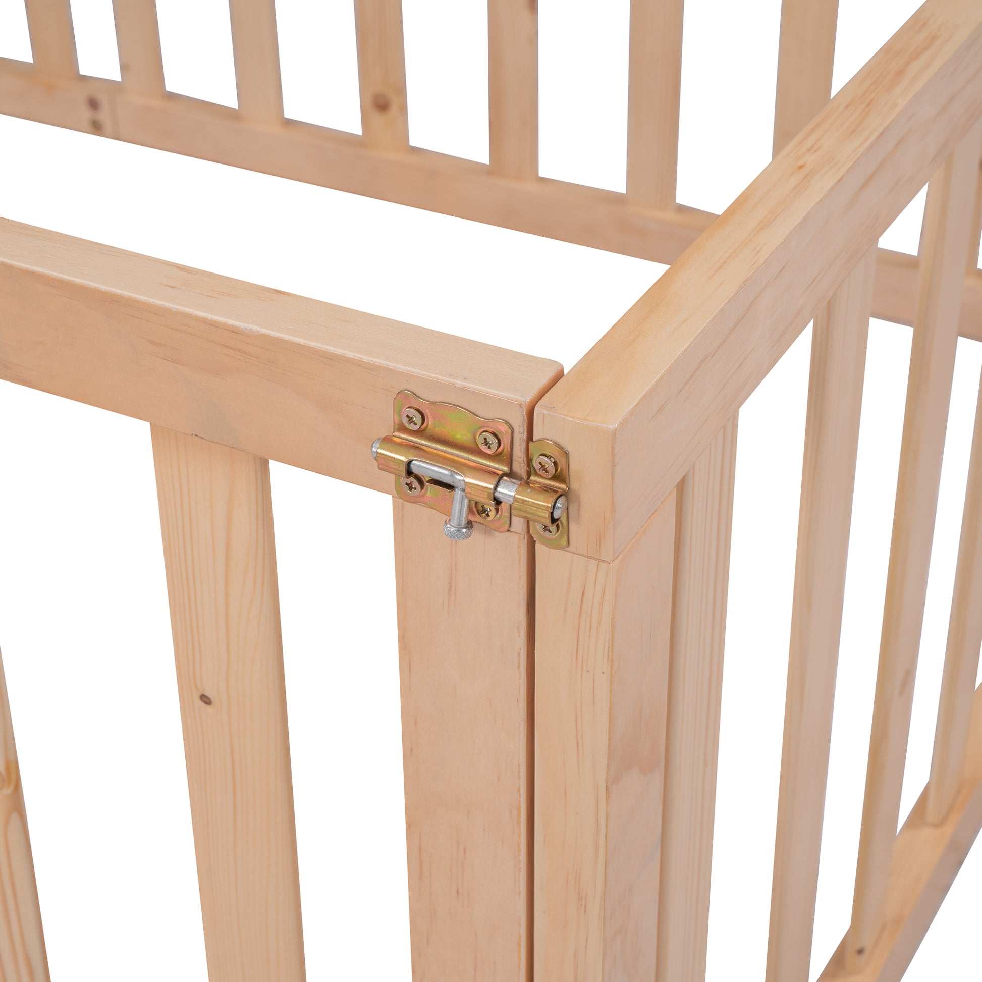 Natural wood baby crib with secure latch mechanism