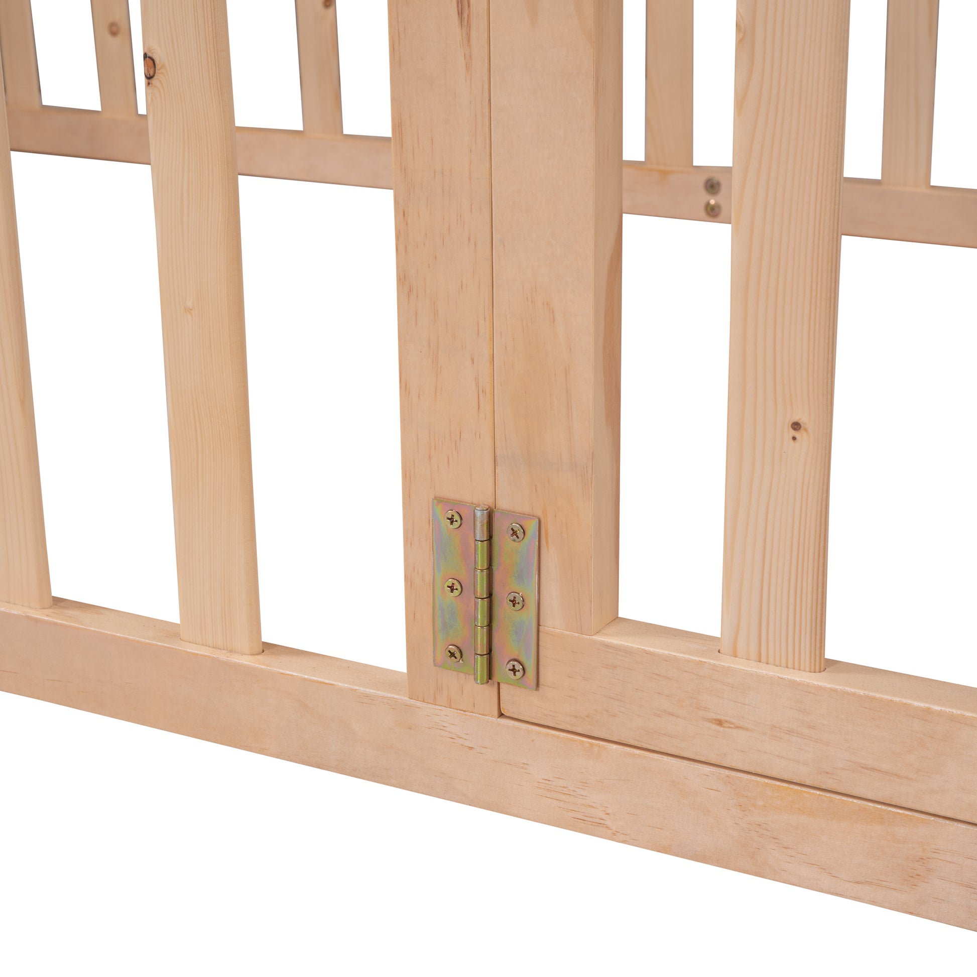 Closeup of a natural wood baby crib hinge