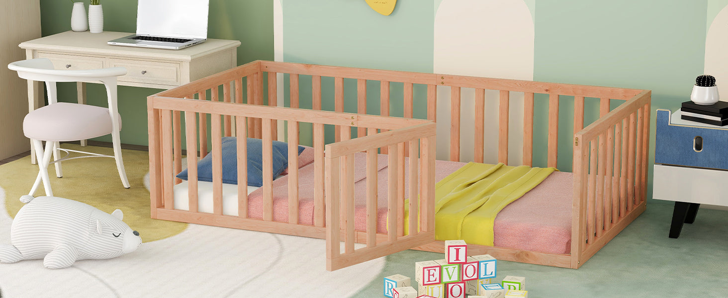 Natural wood convertible crib with adjustable side rail