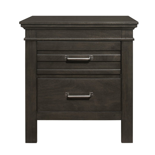 Dark gray wood bedside table with two slatted drawers and brushed nickel hardware