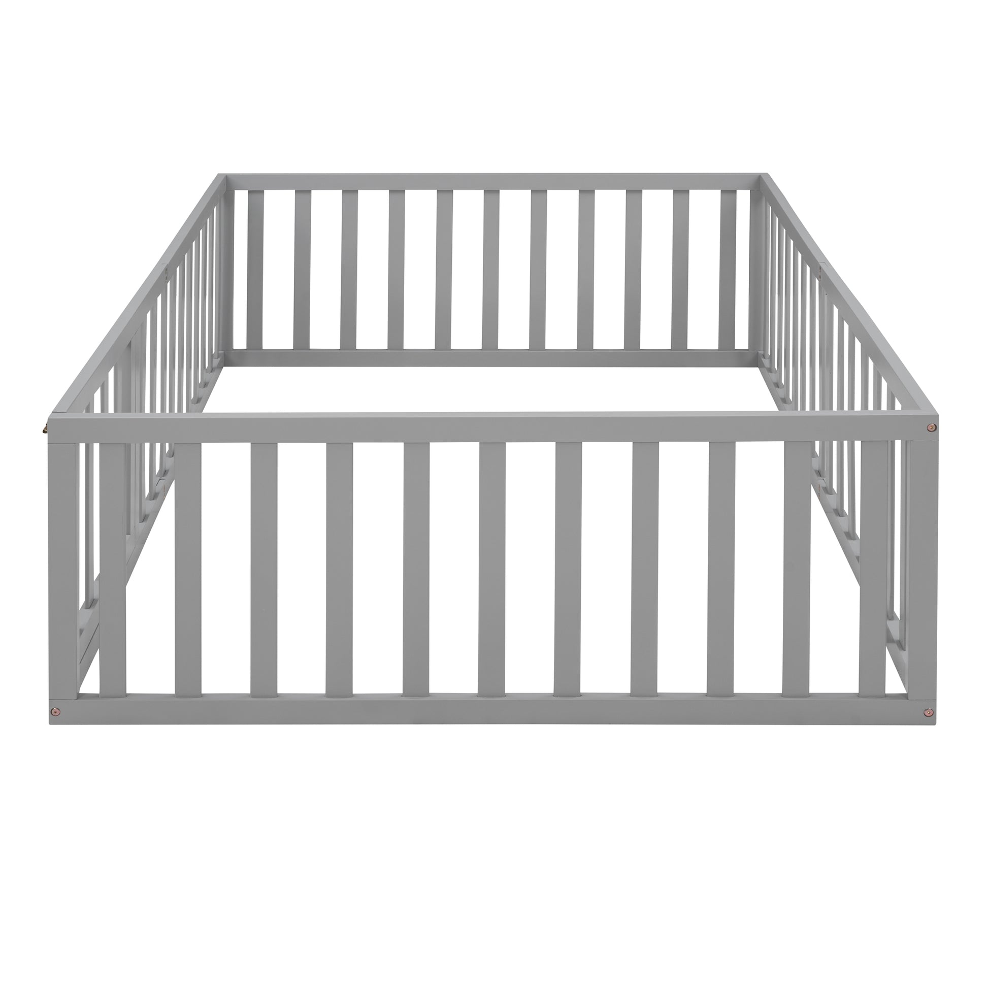 Gray wooden bed frame with slatted sides