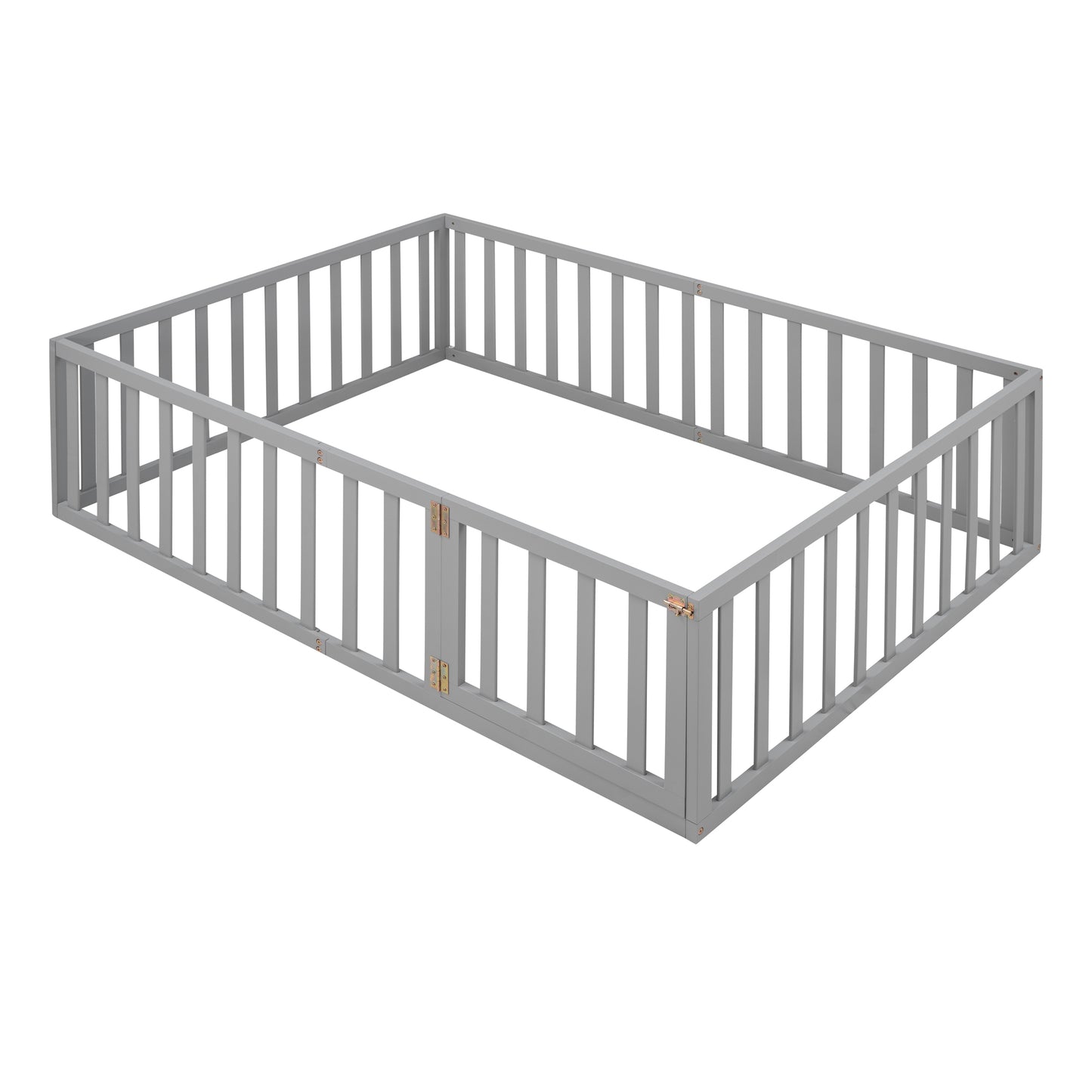 Grey wooden baby playpen with safety gate