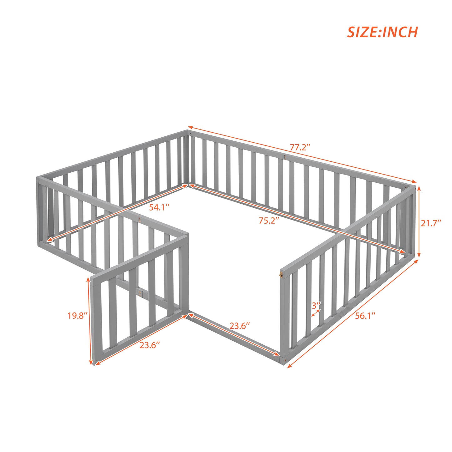 Gray wooden baby playpen with dimensions labeled