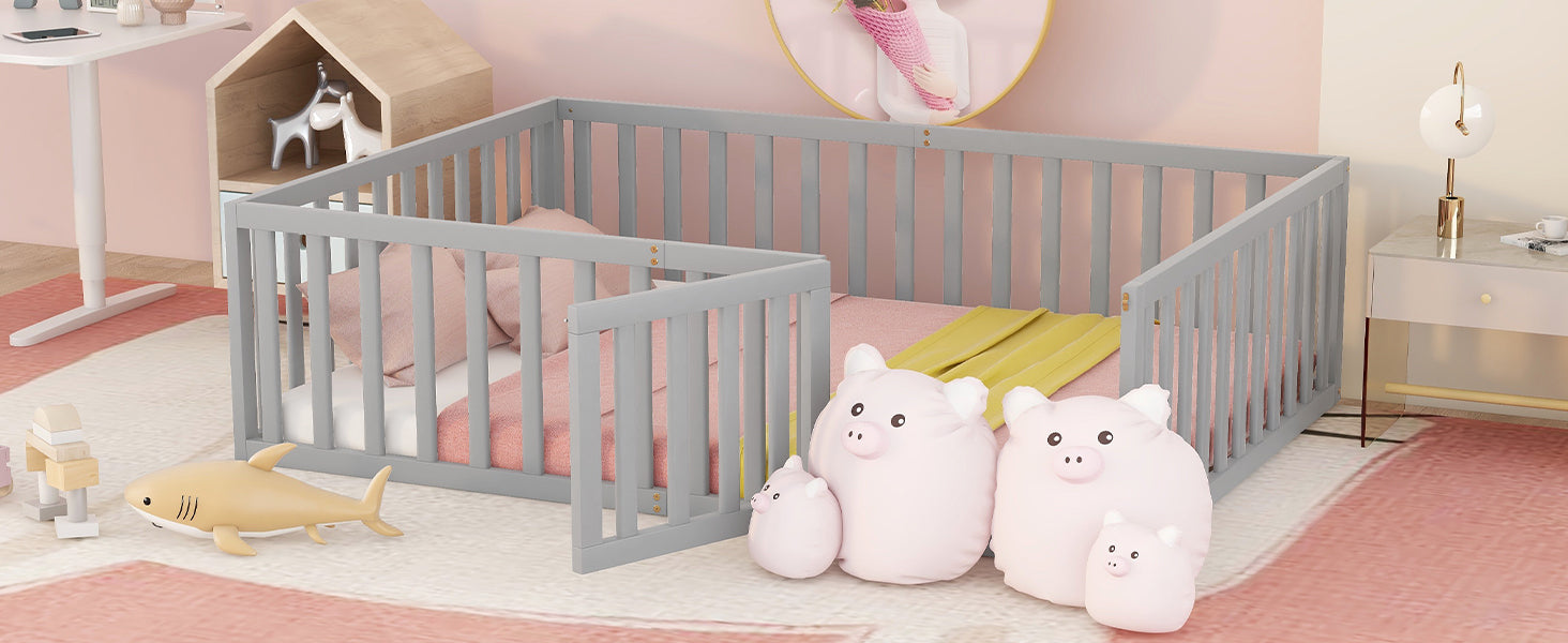 Grey convertible crib with protective rails